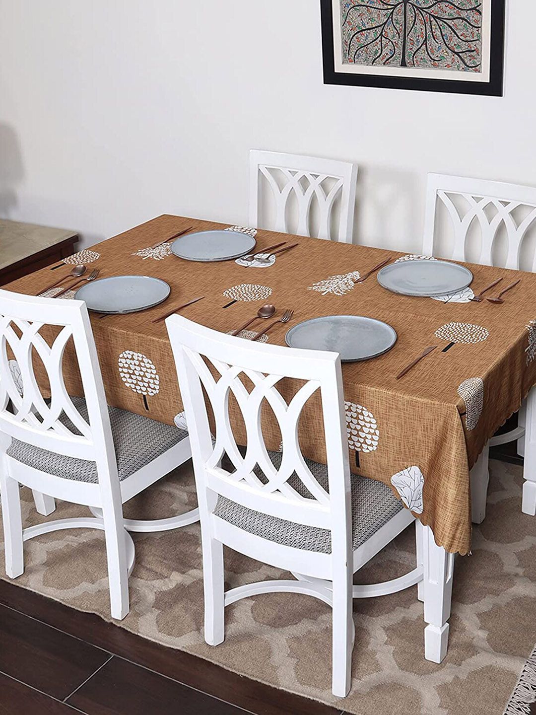 HOUSE OF QUIRK Brown Tropical Printed 4 Seater Cotton Linen Table Cover