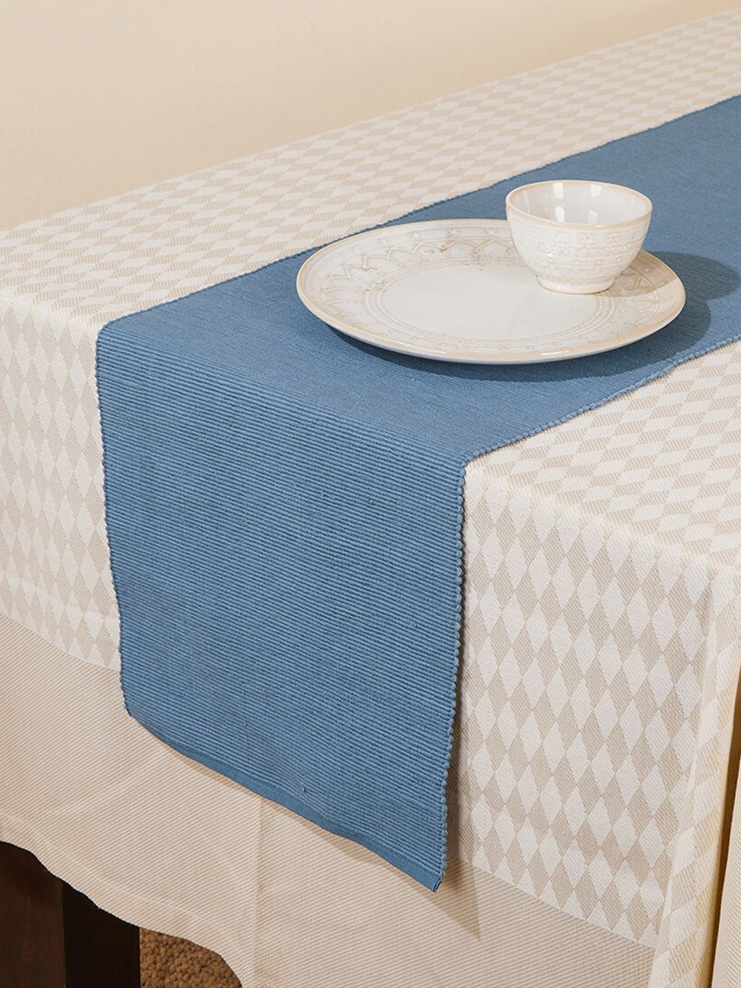 Fabindia Blue Striped Ribbed Cotton Table Runner-picture-32