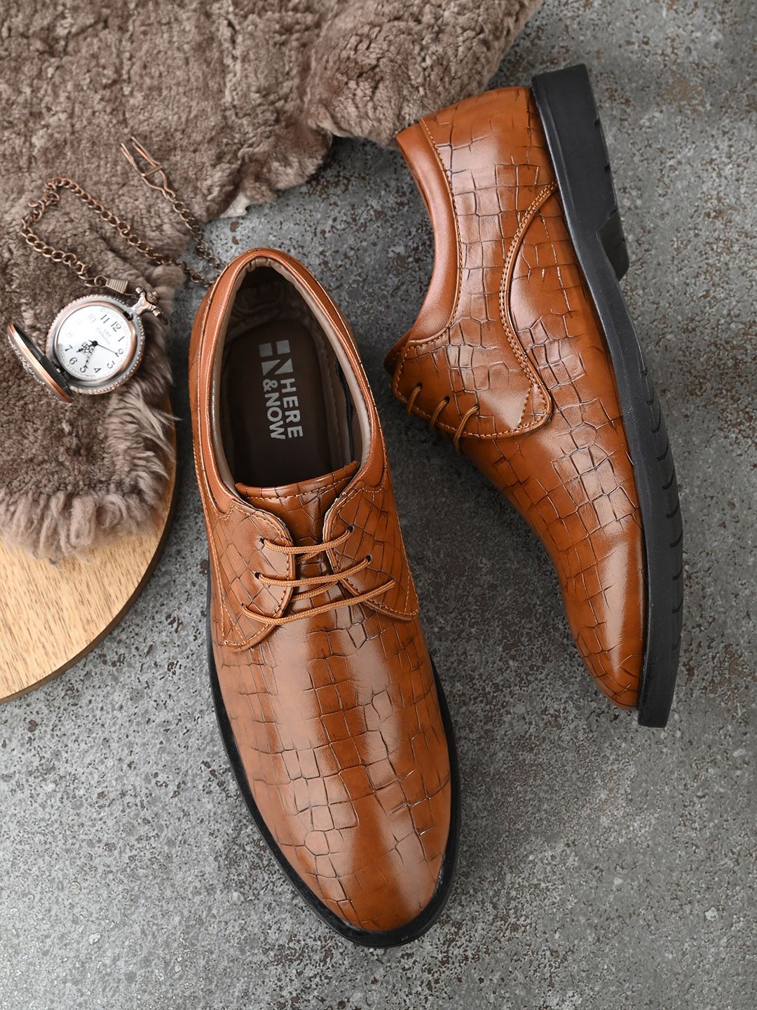 HERE&NOW Men Tan Brown Textured Formal Derbys-picture-12