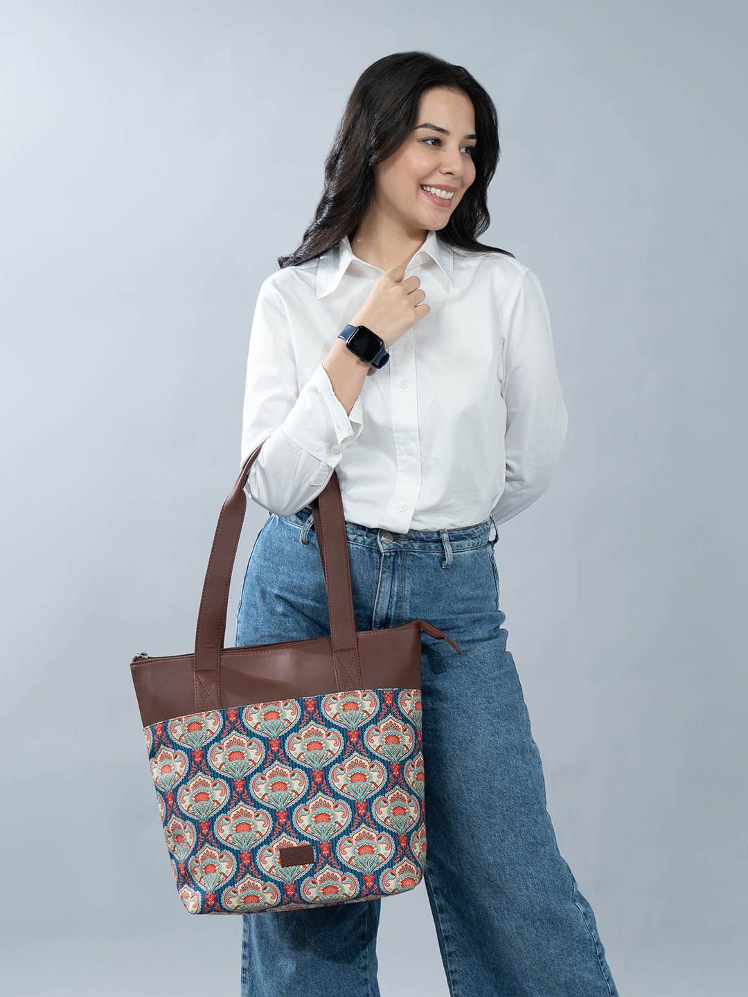 ZOUK Ethnic Printed Structured Jute Tote Bag-image-30
