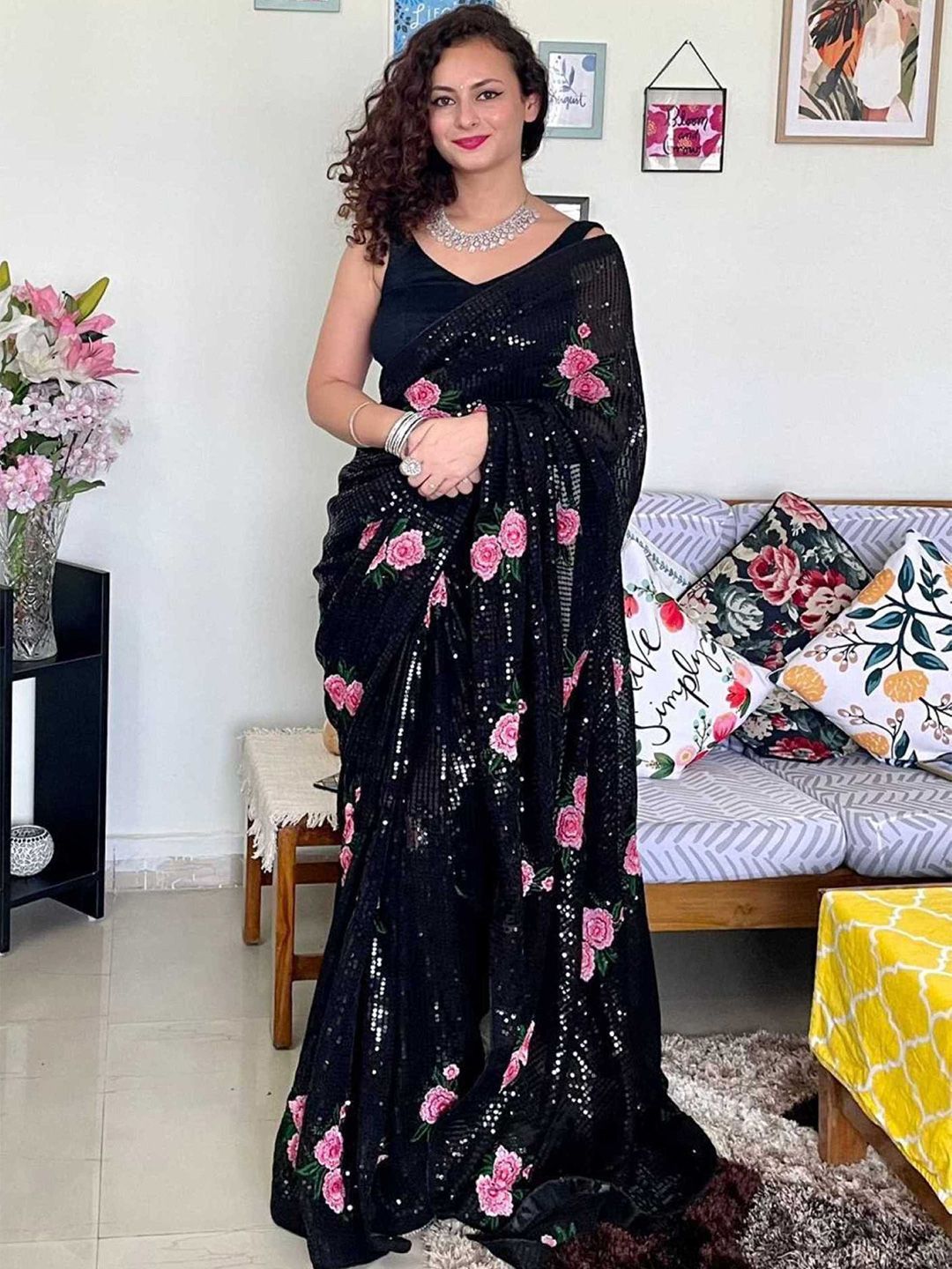 Mitera Black & Pink Floral Embroidered Sequinned Saree