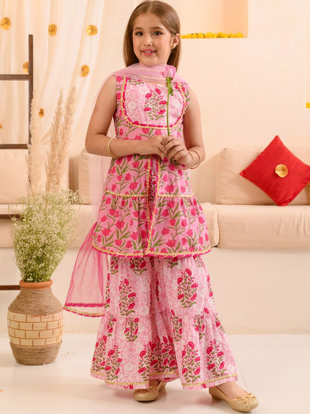 pspeaches Girls Floral Printed Gotta Patti Pure Cotton Kurta With Sharara & Dupatta-picture-17