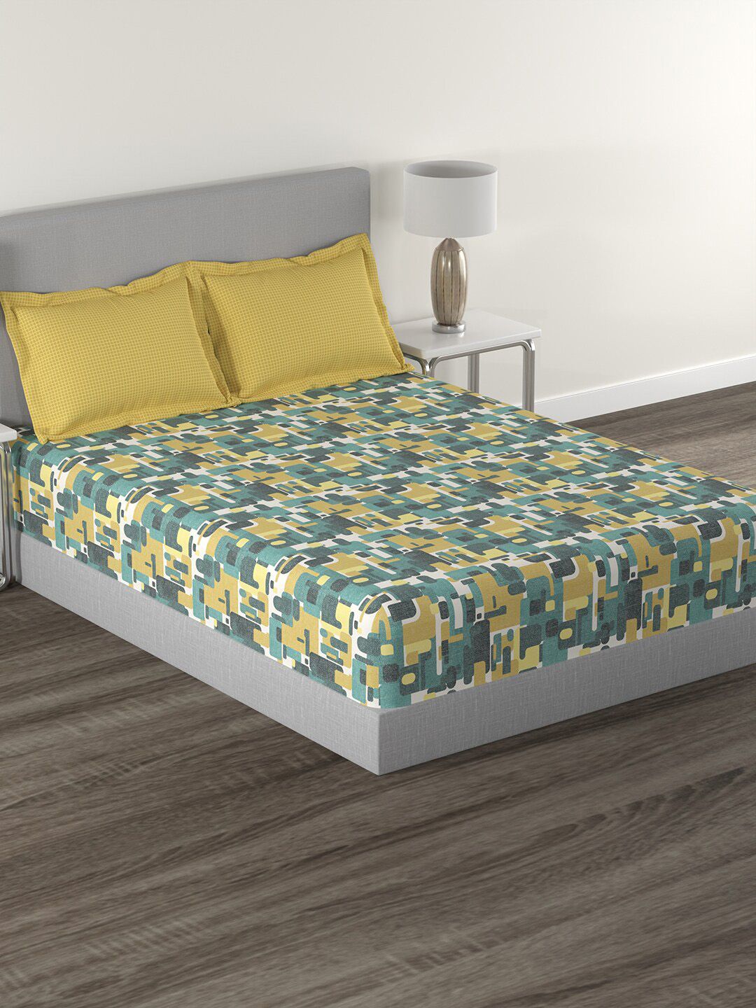 MYTRIDENT Yellow  Green Printed Cotton 144 TC Queen Bedsheet With 2 Pillow Covers-image-17