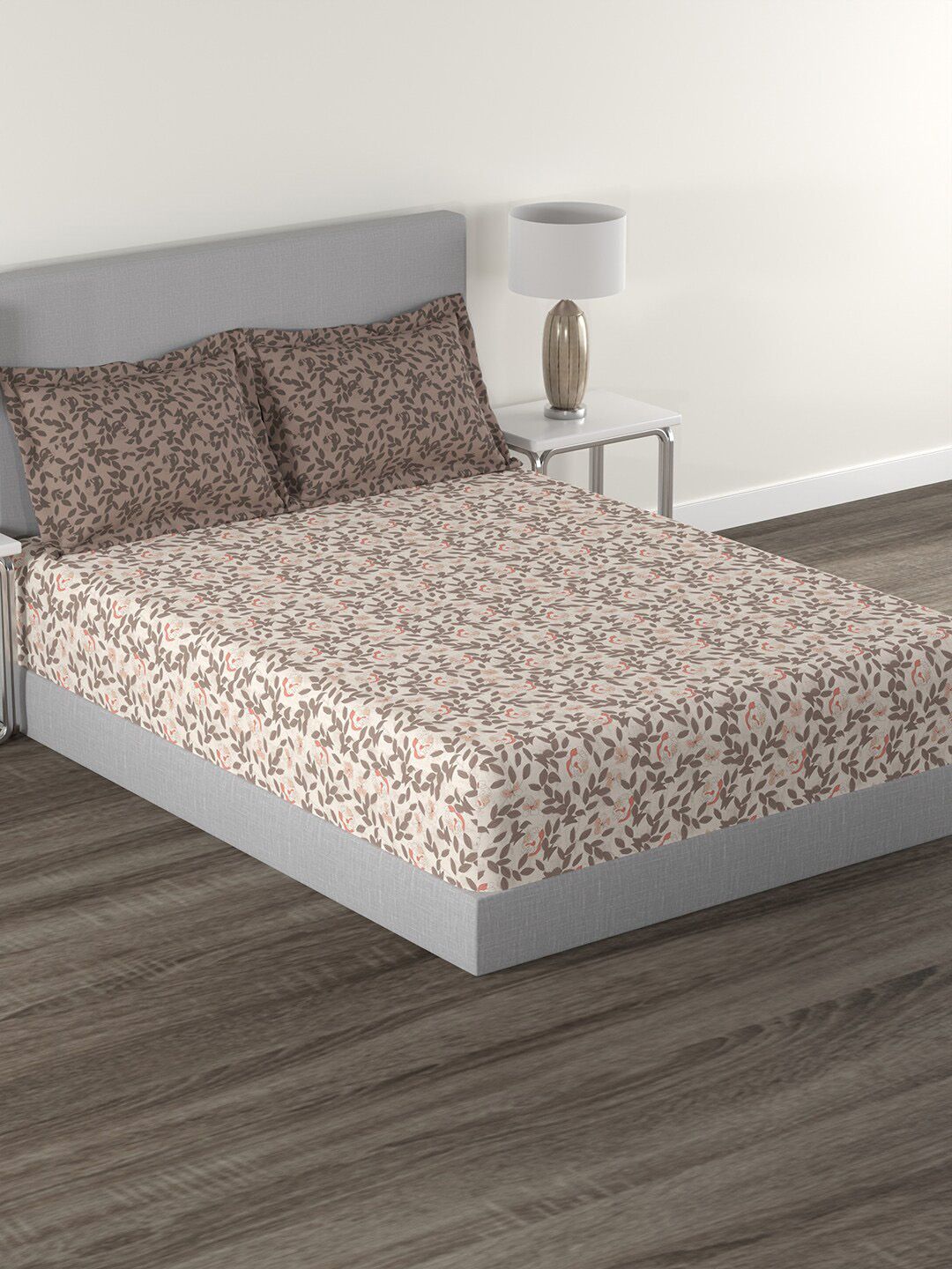 MYTRIDENT Brown  White Floral Cotton 144 TC Queen Bedsheet With 2 Pillow Covers-picture-38