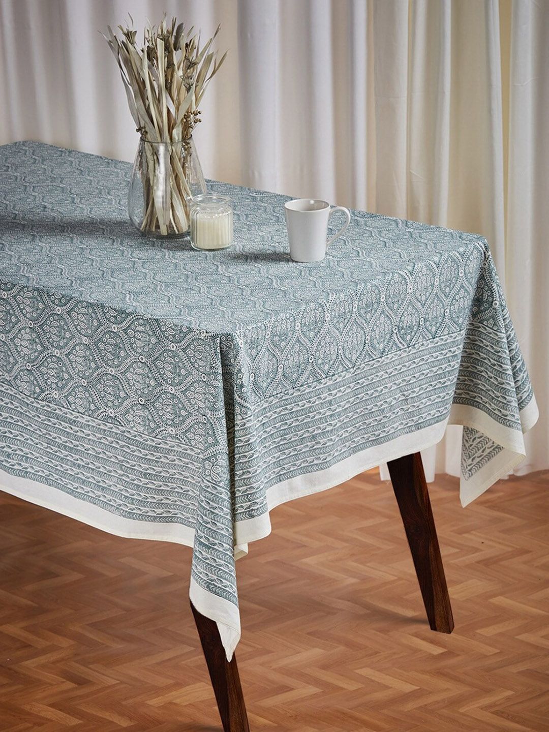Fabindia Jiera Blue & White Ethnic Motif Block Printed Cotton 8-Seater Table Cover-picture-36