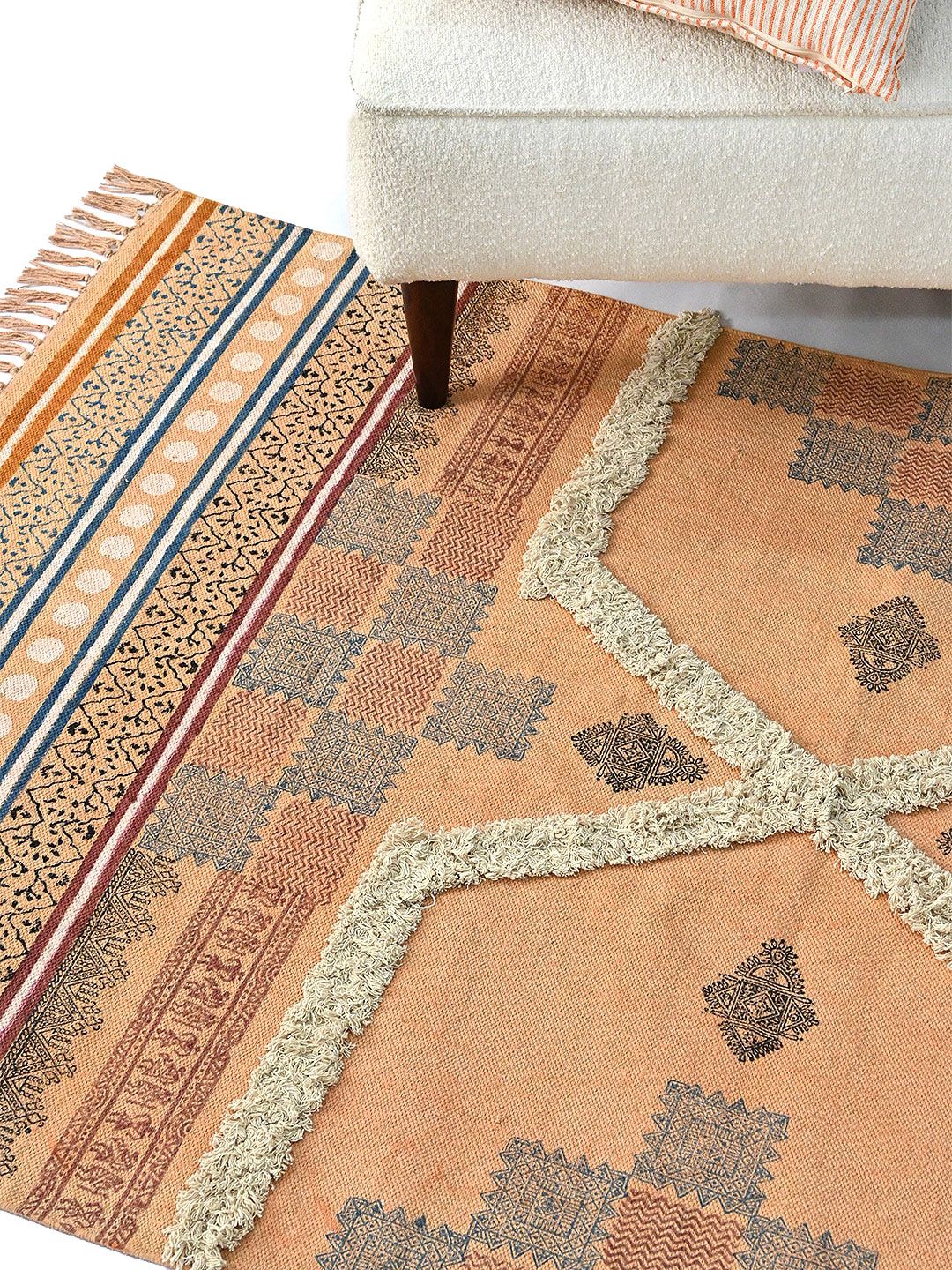 Art Avenue Orange-Coloured & Beige Printed Cotton Carpet