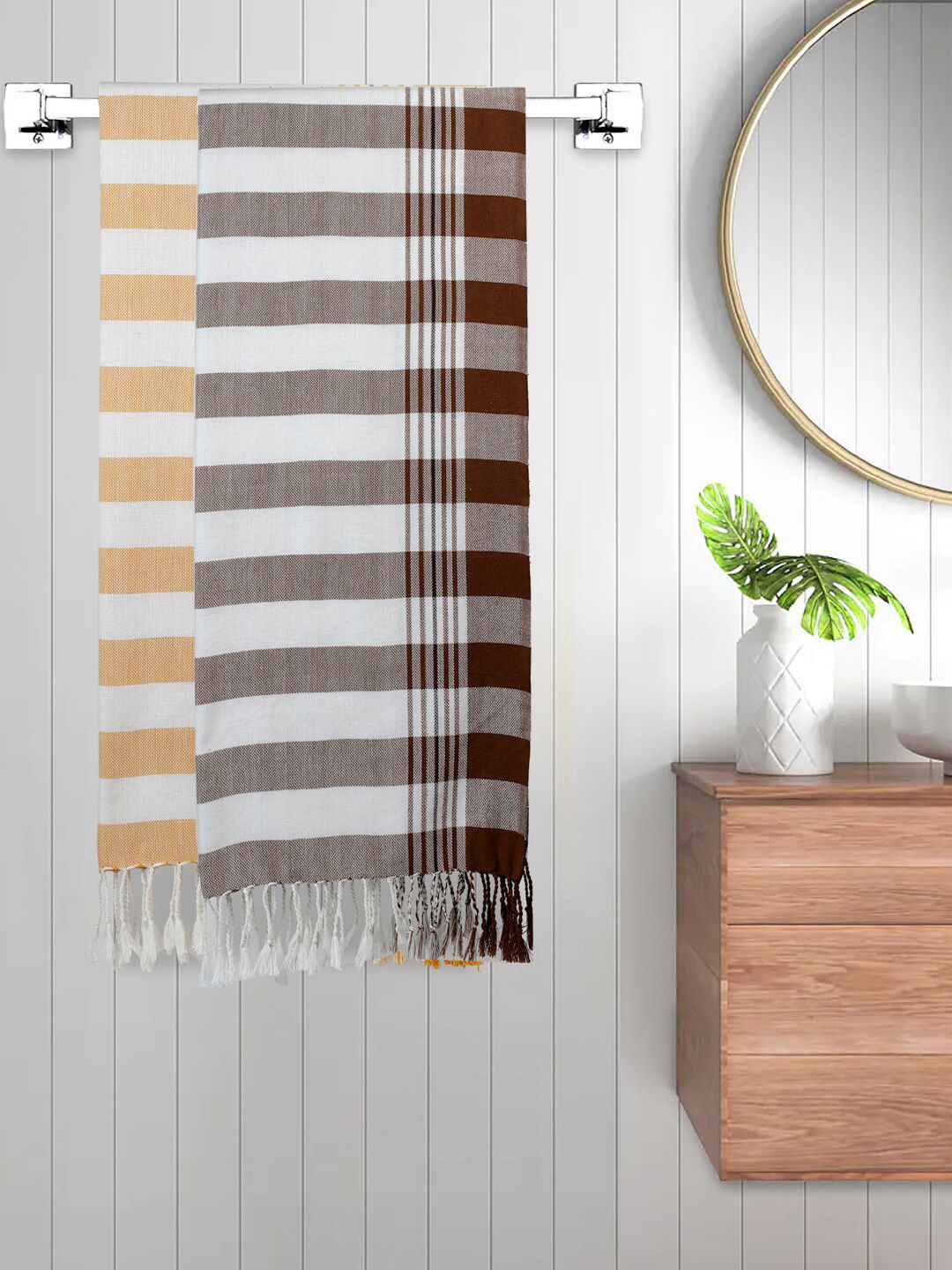 FABINALIV Orange & Brown 2 Pieces Striped 225 GSM Cotton Bath Towels (150X75 cm)-image-48
