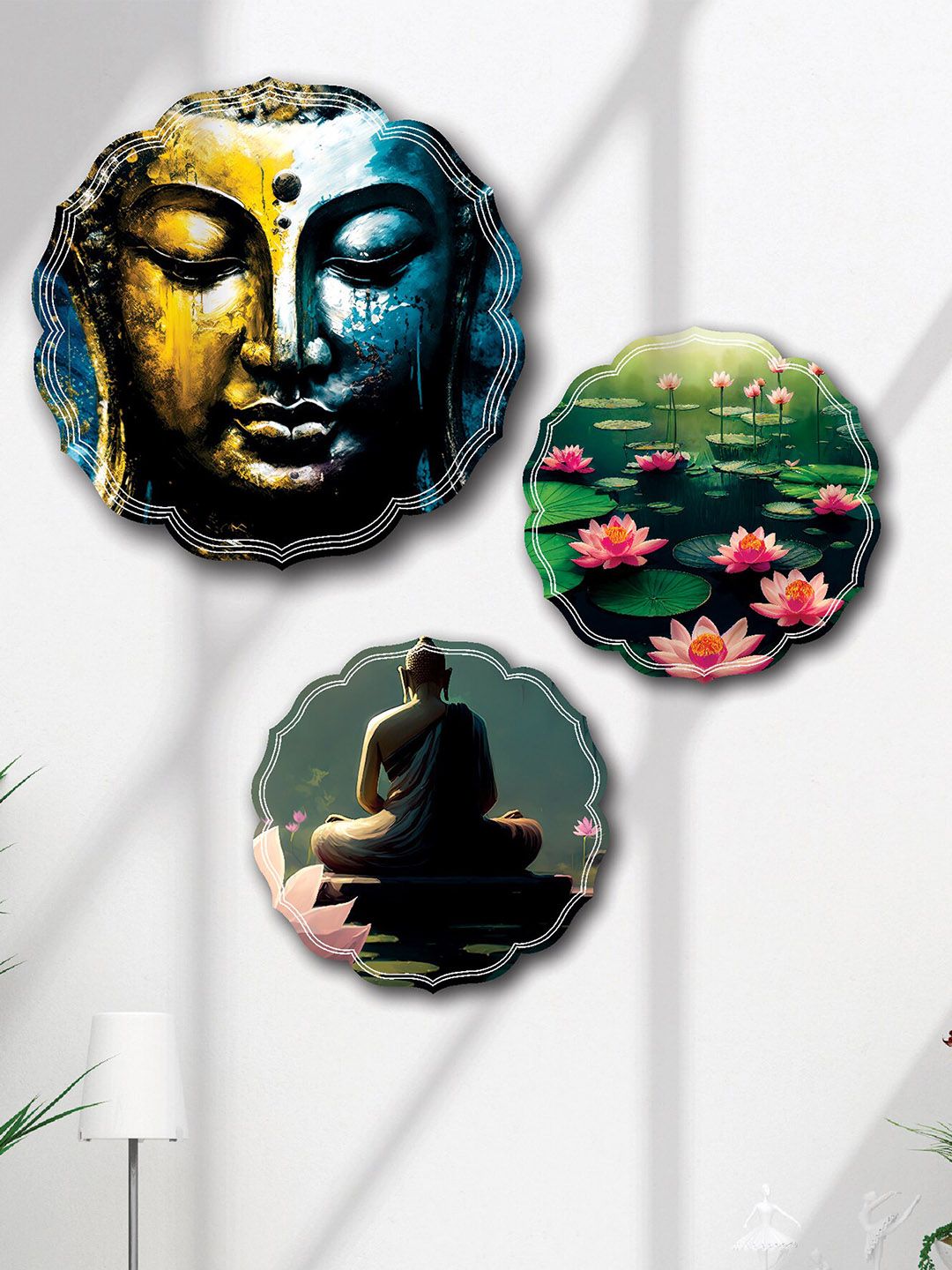 SAF Blue & Green 3 Pieces Lord Buddha MDF Painting Wall Art-picture-28