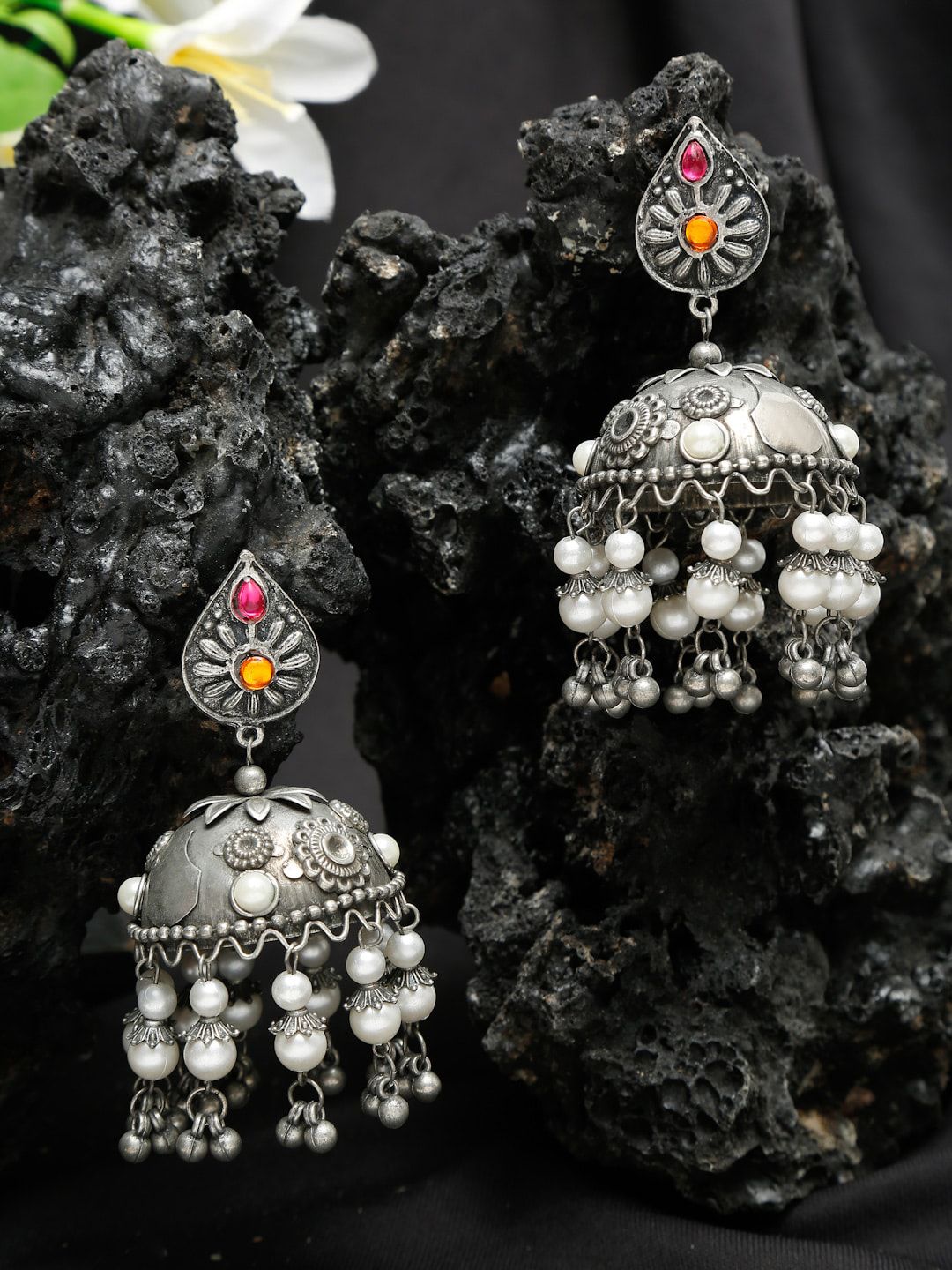 Sangria Silver-Plated Stone Studded Contemporary Jhumka Earrings-picture-11