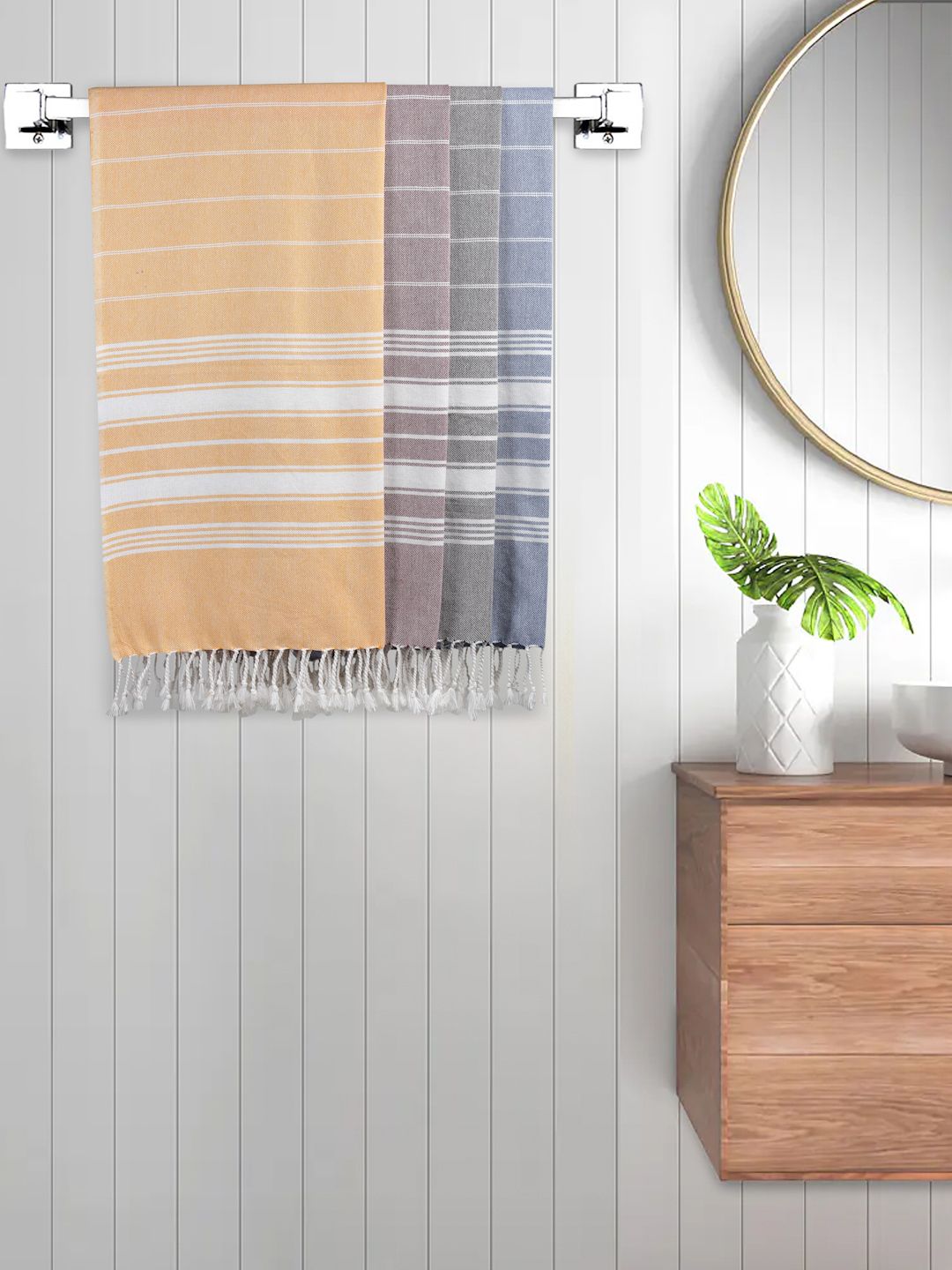 FABINALIV 4Pcs Orange Colored & Brown & Black & Blue Striped Cotton Bath Towels-image-21