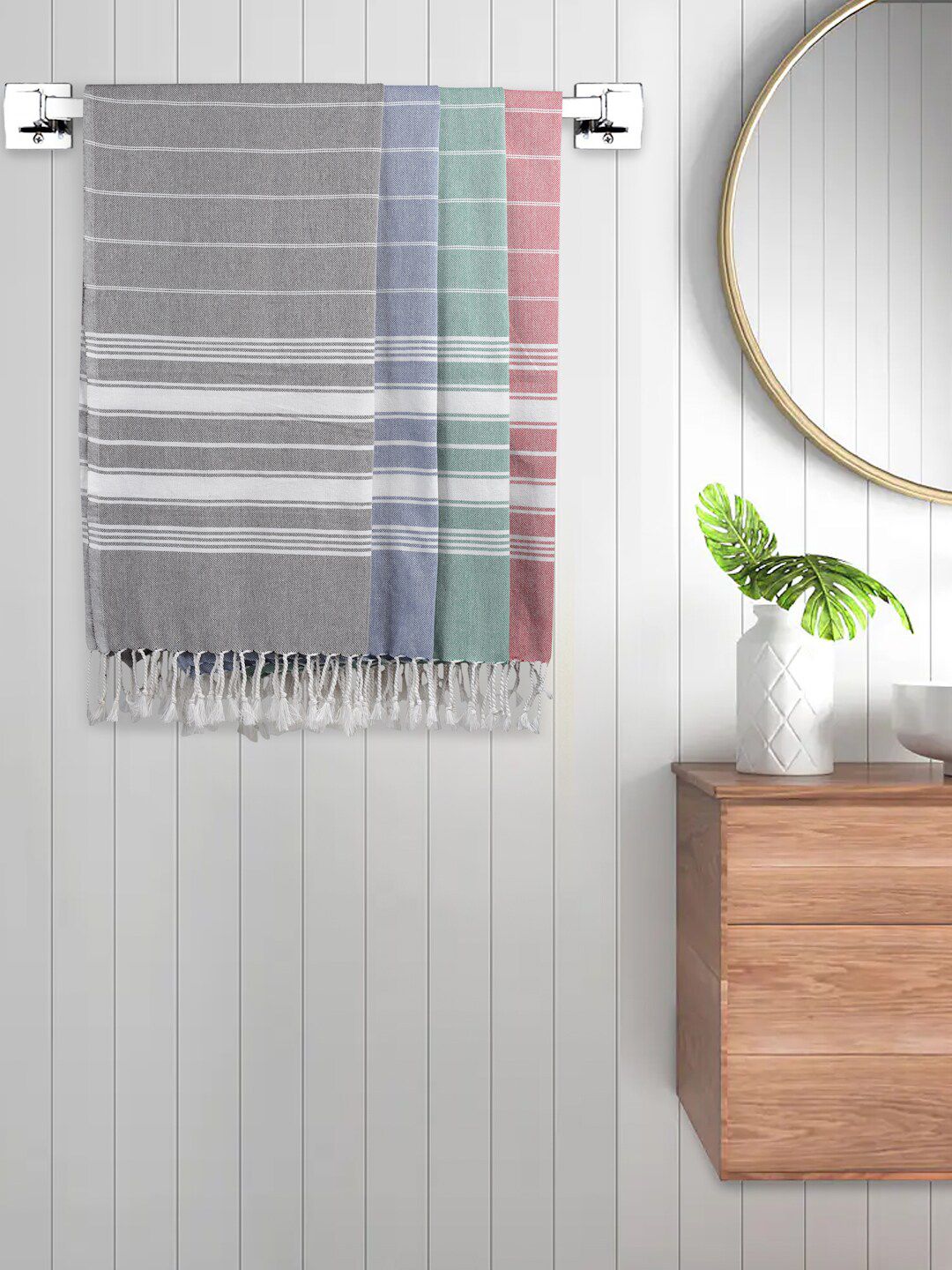 FABINALIV 4Pcs Black-Colored & Blue & Green RedStriped Cotton Bath Towels-image-10