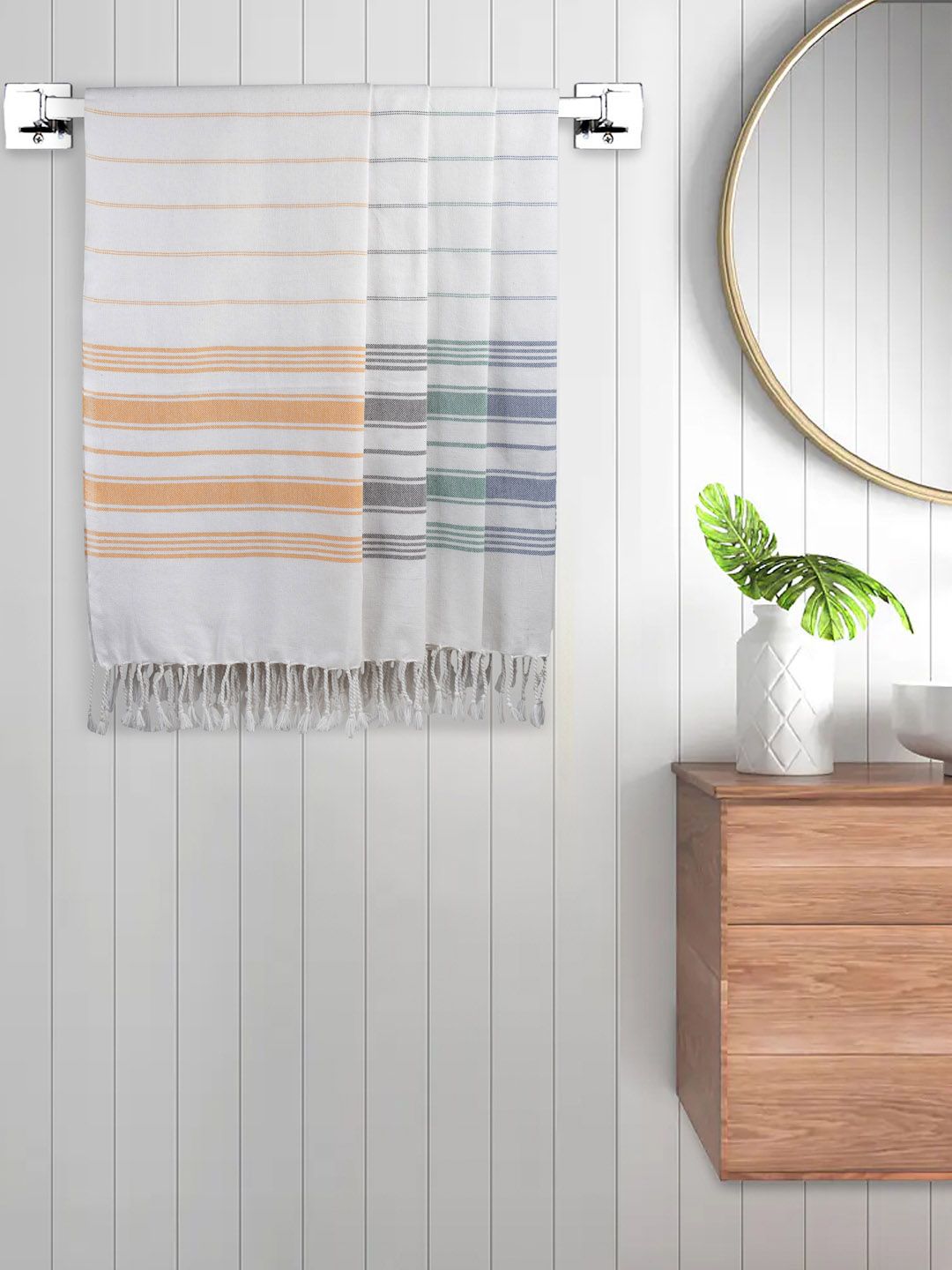 FABINALIV White & Green 4 Pieces Striped Cotton 225 GSM Bath Towels-image-11