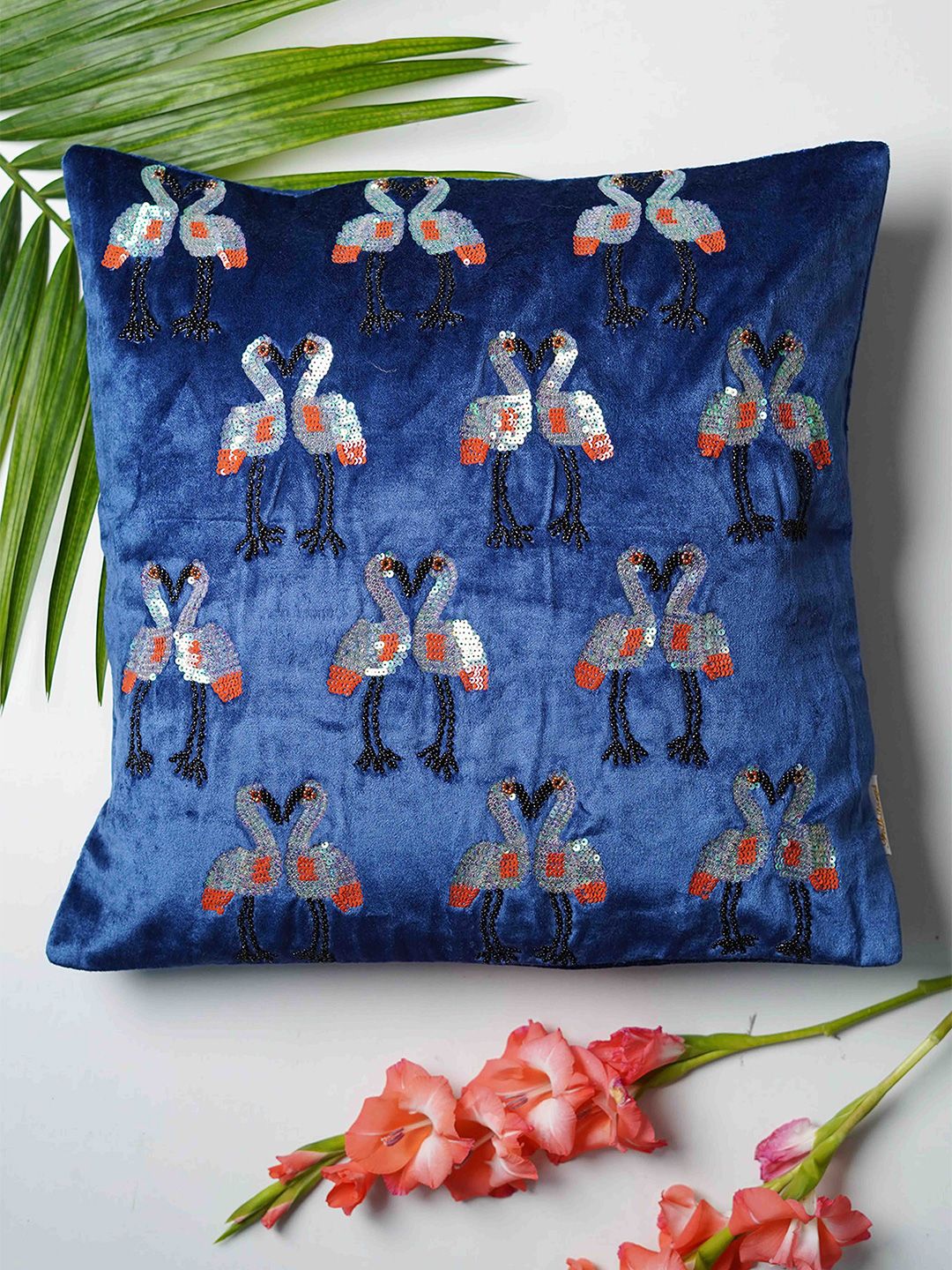 Folkstorys Blue Embroidered Velvet Square Cushion Cover-image-33
