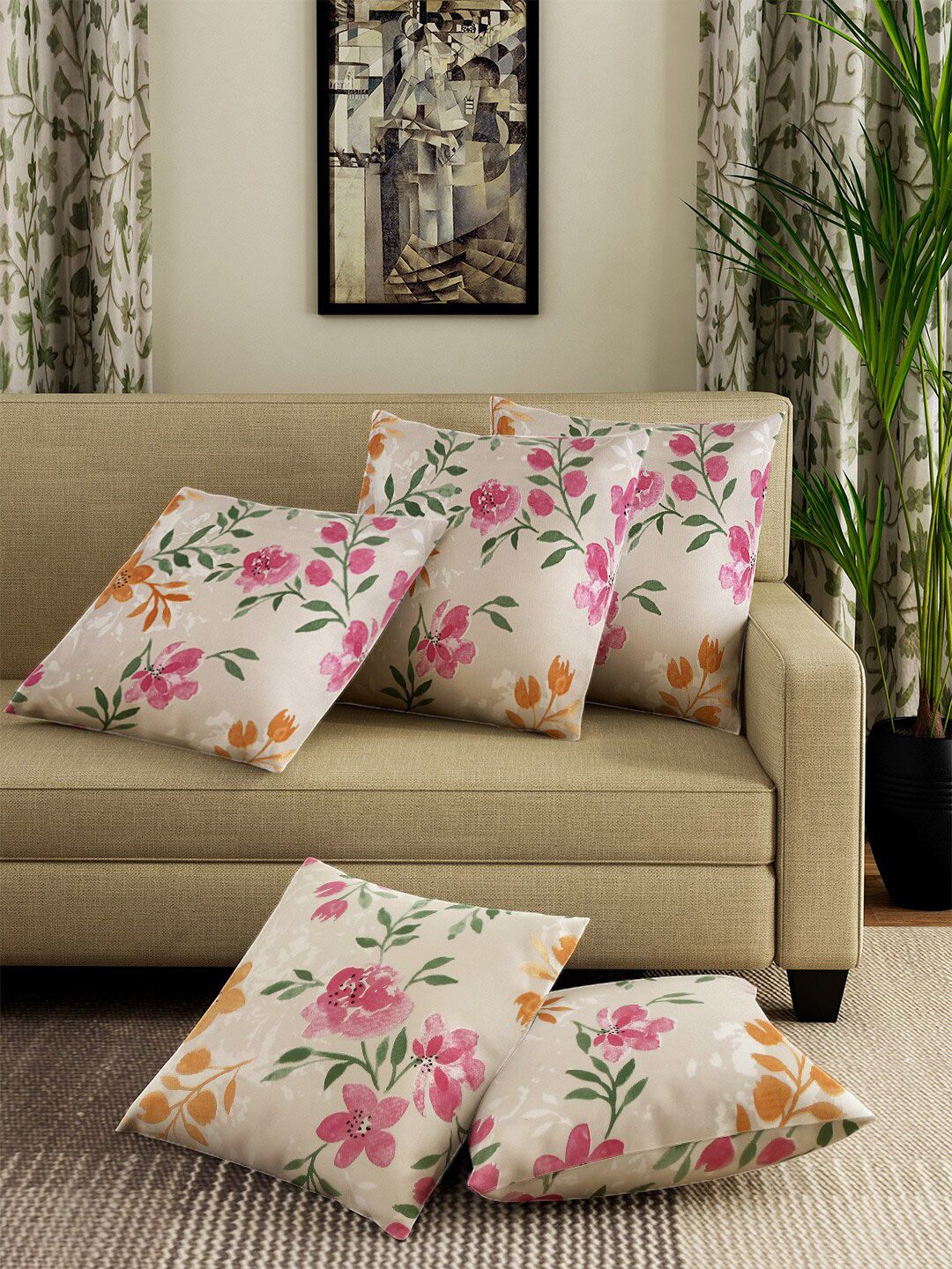 Sangria White & Pink 5 Pieces Floral Printed Pure Cotton Square Cushion Covers