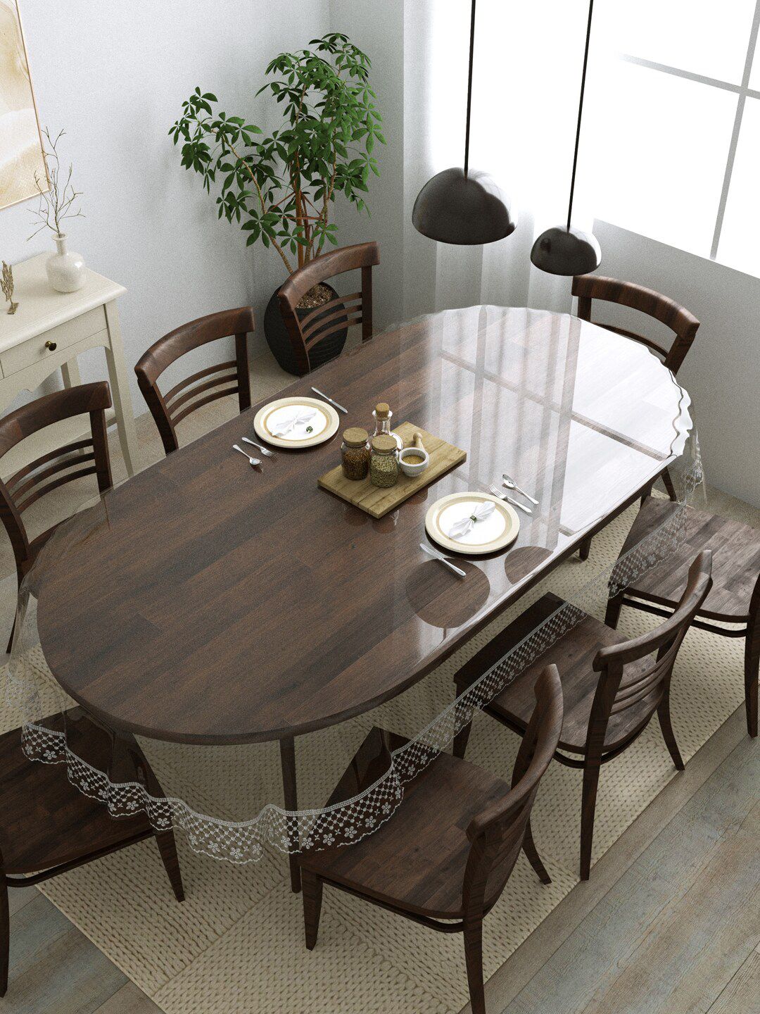 Clasiko Transparent & Grey Printed Border PVC Anti Slip Oval 8 Seater Table Cover-image-15