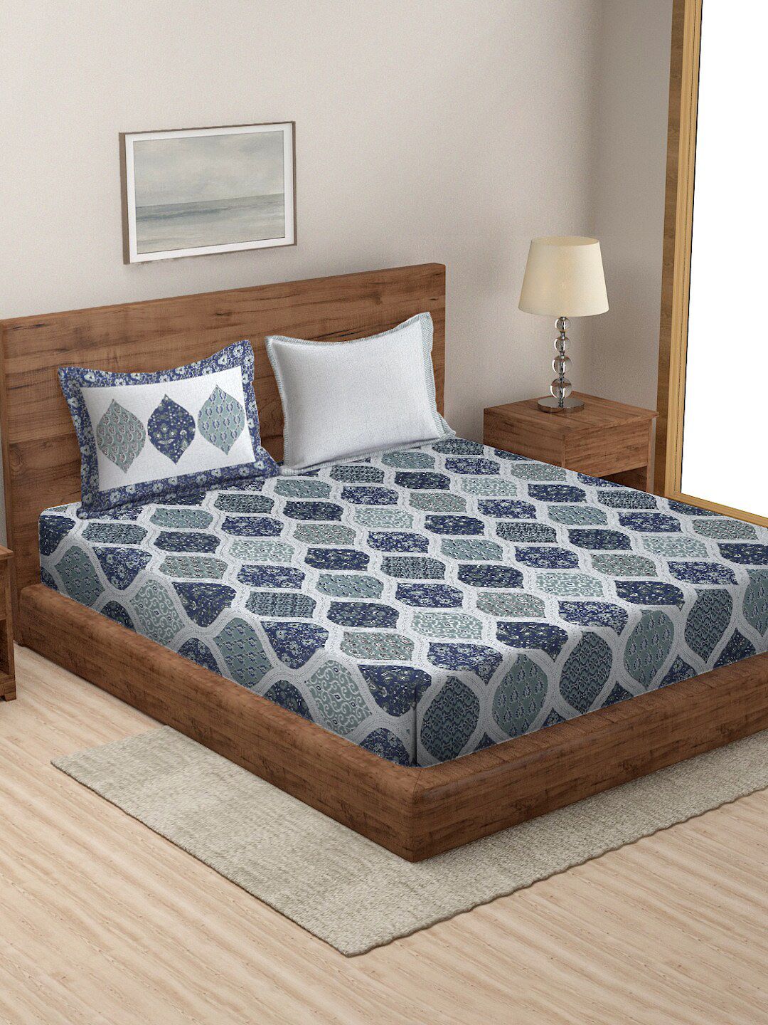 Rajasthan Decor White & Blue Ethnic Motifs Cotton 144TC King Bedsheet With 2 Pillow Covers-picture-19