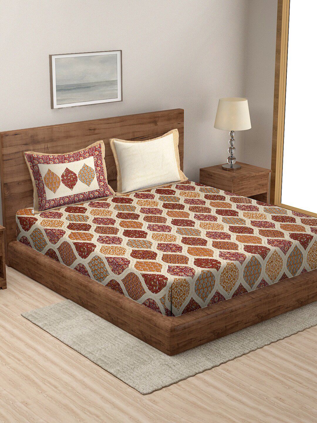 Rajasthan Decor White & Brown Ethnic Motifs Cotton 144 TC King Bedsheet & 2 Pillow Covers-picture-18