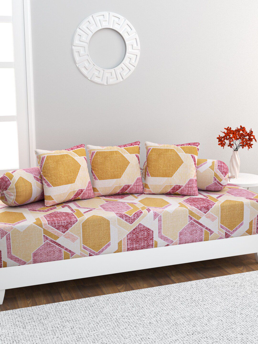 HOME AFFAIRS 6 Pcs Pink, Orange & White Printed Pure Cotton Diwan Set-image-19