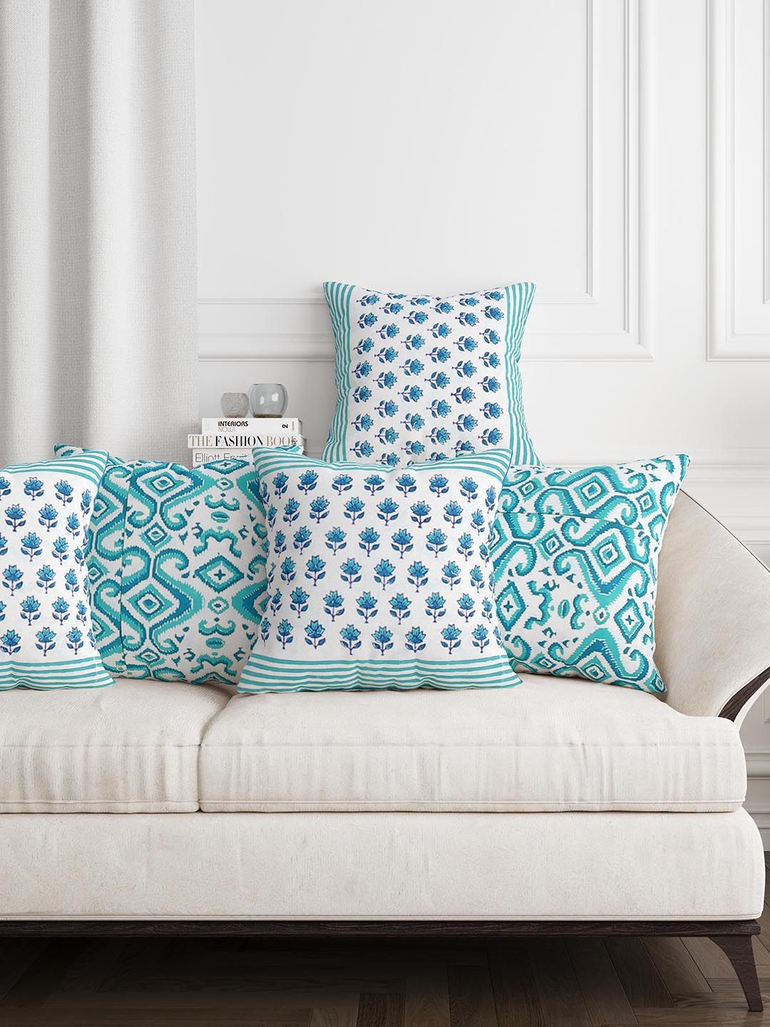 Sangria Green & White 5 Pieces Printed Pure Cotton Square Cushion Covers