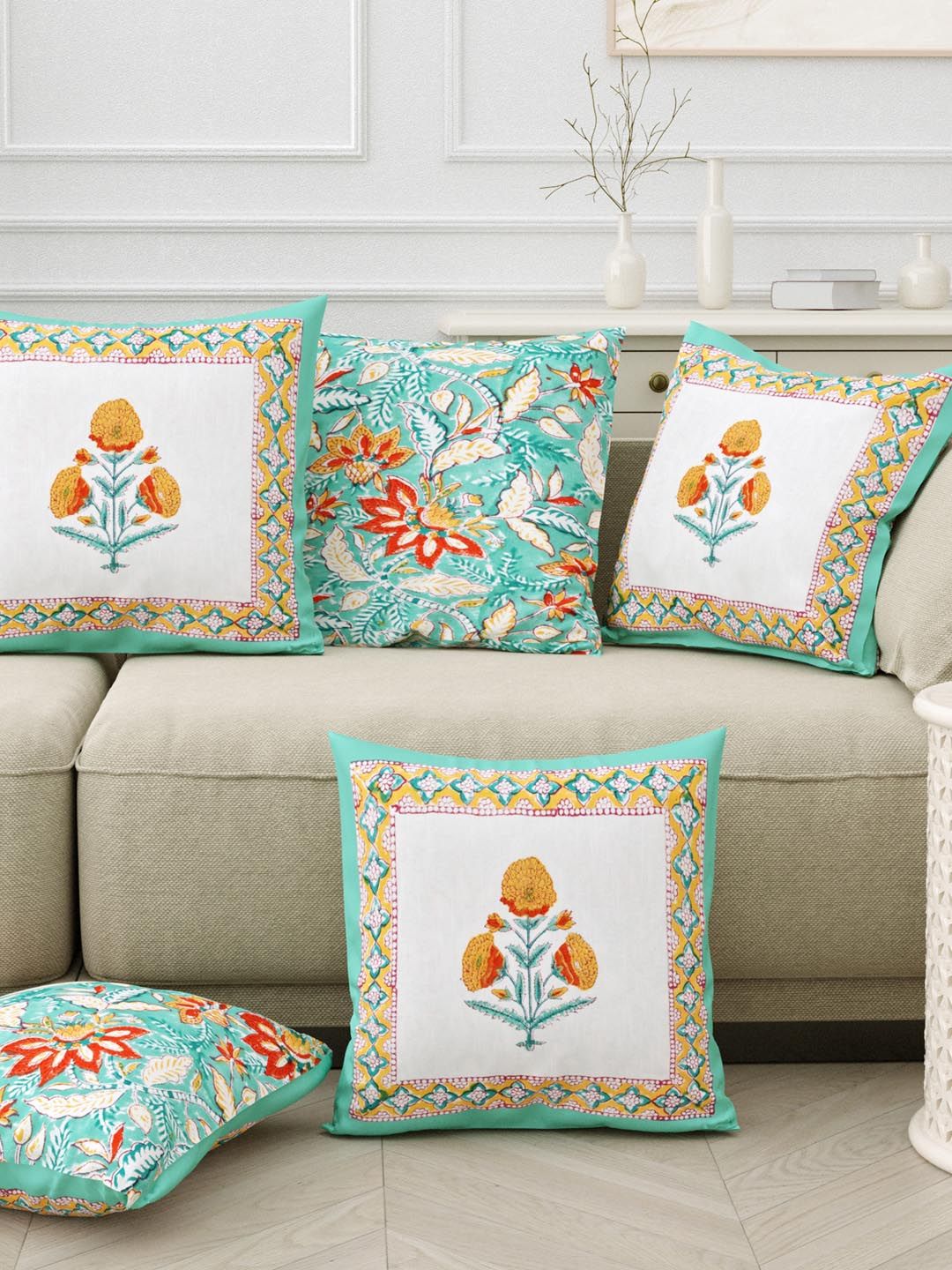 Sangria Green & White 5 Pieces Printed Pure Cotton Square Cushion Covers