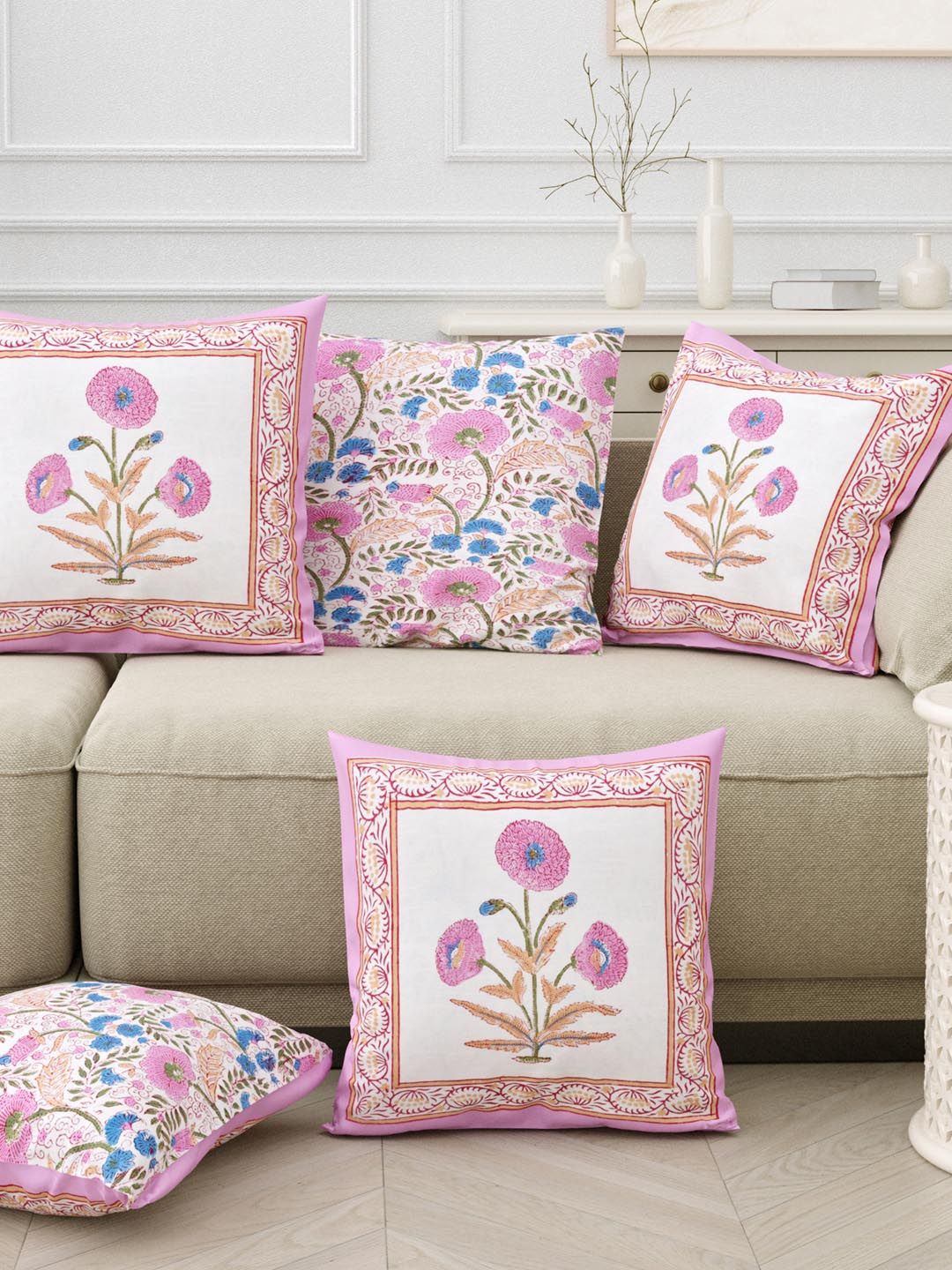 Sangria Purple & White 5 Pieces Printed Pure Cotton Square Cushion Covers-image-31