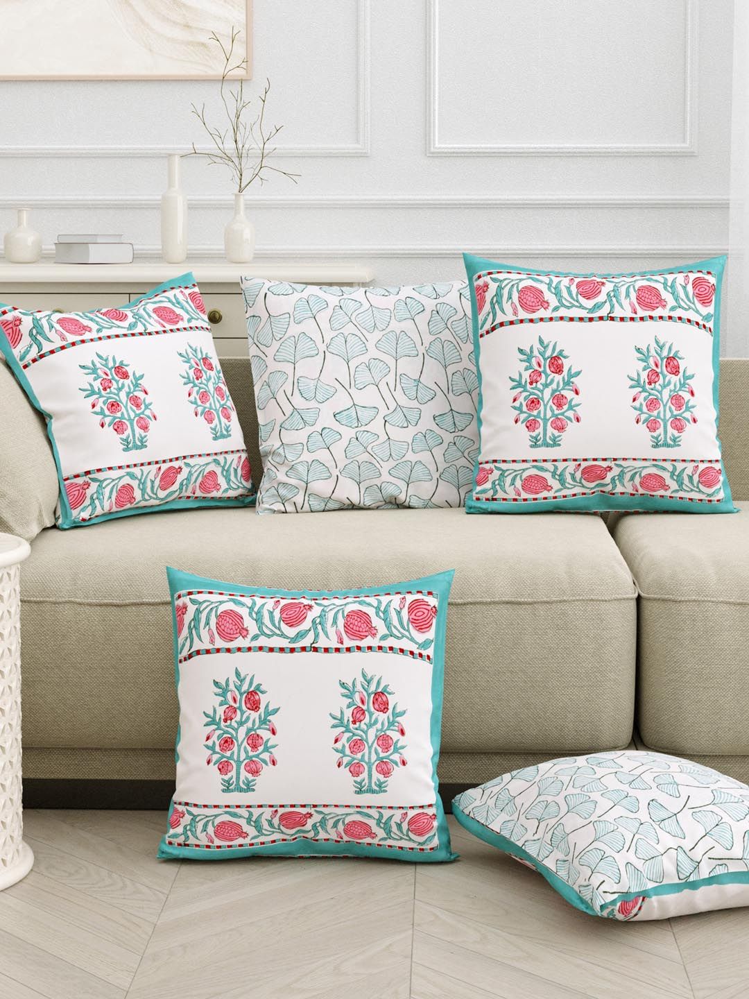 Sangria Green & White 5 Pieces Printed Pure Cotton Cushion Covers-picture-21