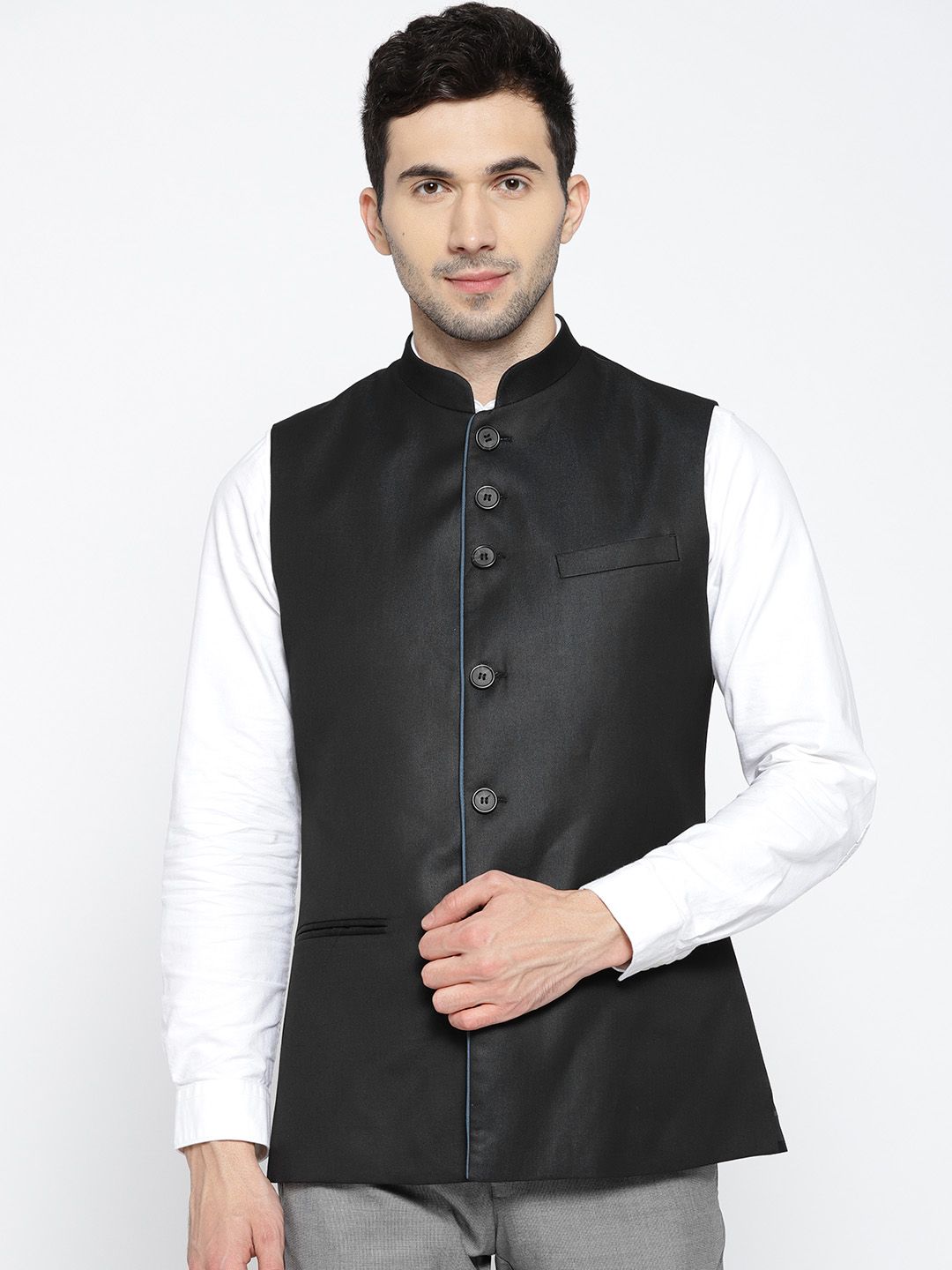 John Players Black Solid Slim Fit Nehru Jacket-picture-35