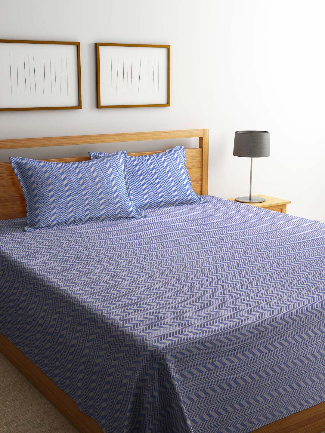 FABINALIV Blue & Grey Striped Woven Pure Cotton King Bed Cover & 2 Pillow Covers-image-38