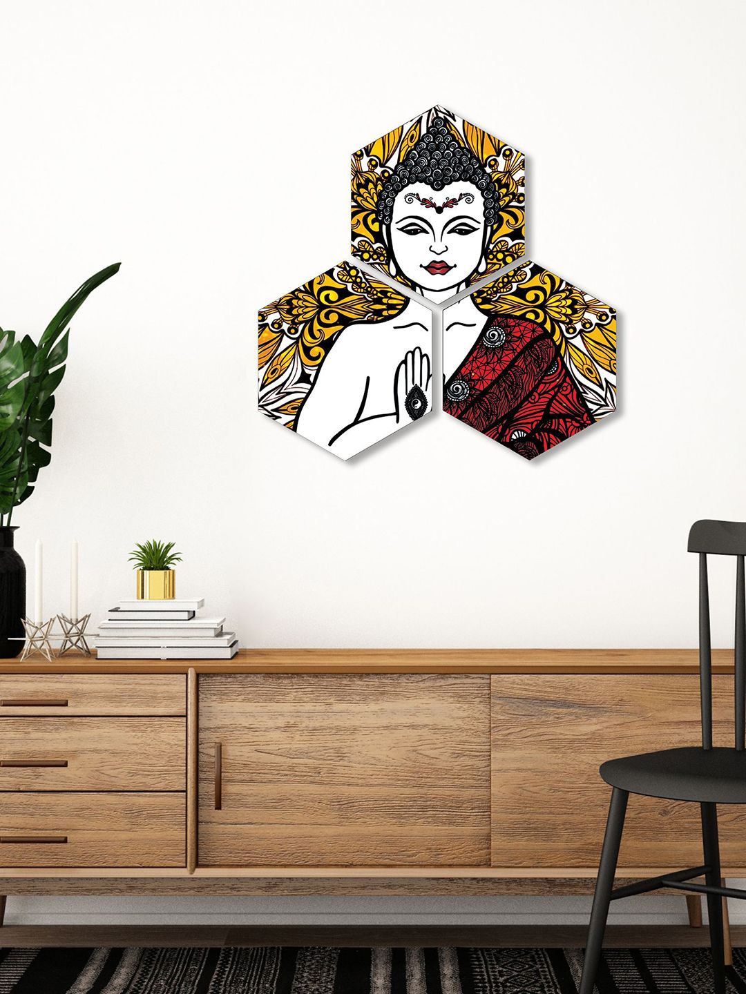 SAF Mustard 3 Pieces Lord Buddha Painting Hexagon UV Textured Wall Arts