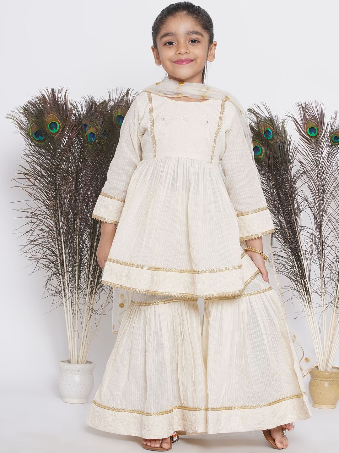 Little Bansi Girls Mirror Work Embroidered Pure Cotton Kurta With Sharara & & Dupatta-picture-34