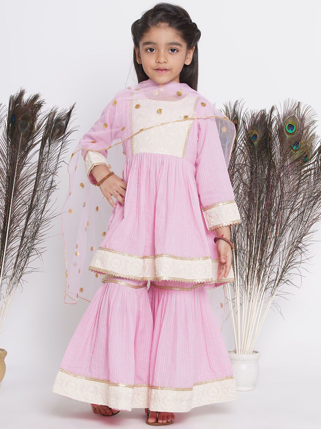 Little Bansi Girls Striped Sequinned Pure Cotton Kurta With Sharara & Dupatta-picture-22