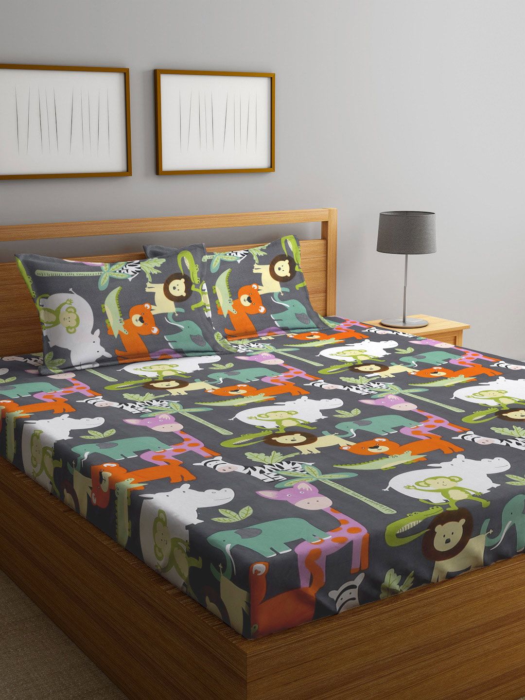 FABINALIV Green & White Printed 300 TC Fitted King Bedsheet & 2 Pillow Covers-image-45