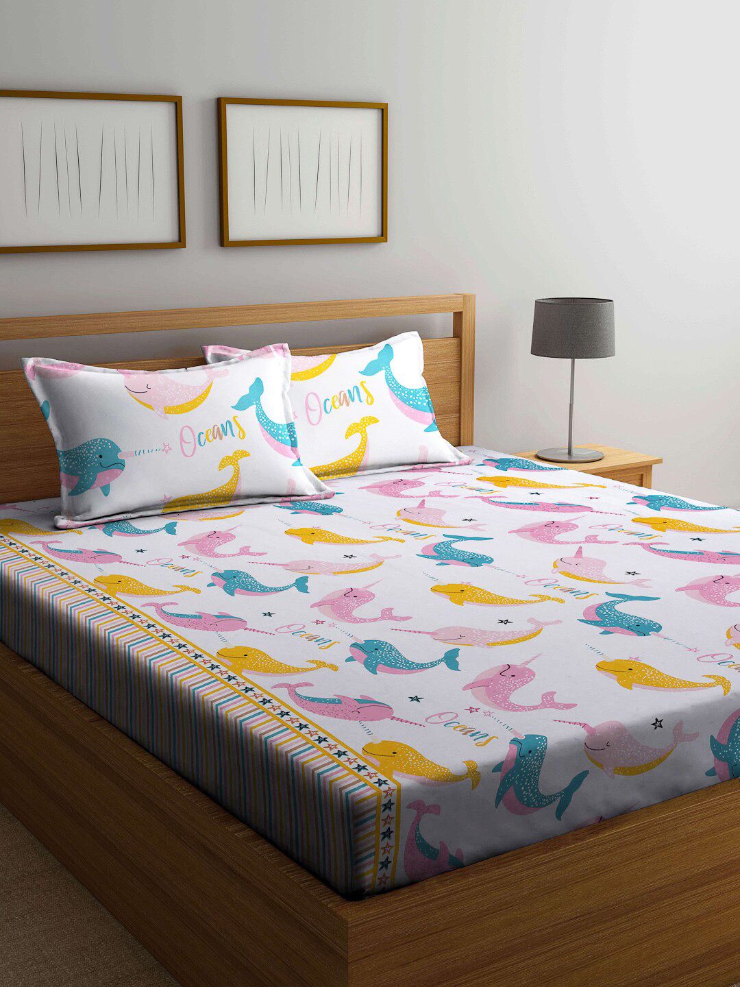 FABINALIV White & Blue Printed 300 TC Fitted King Bedsheet & 2 Pillow Covers-image-48