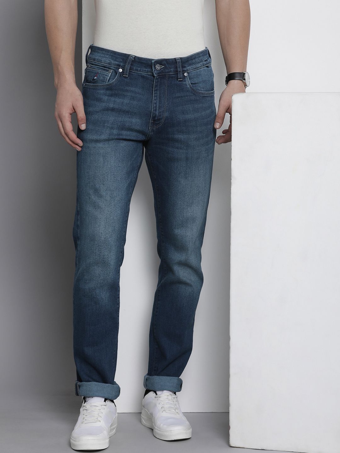 Men's Navy Blue Solid Straight Fit Heavy Fade Acid Wash Jeans