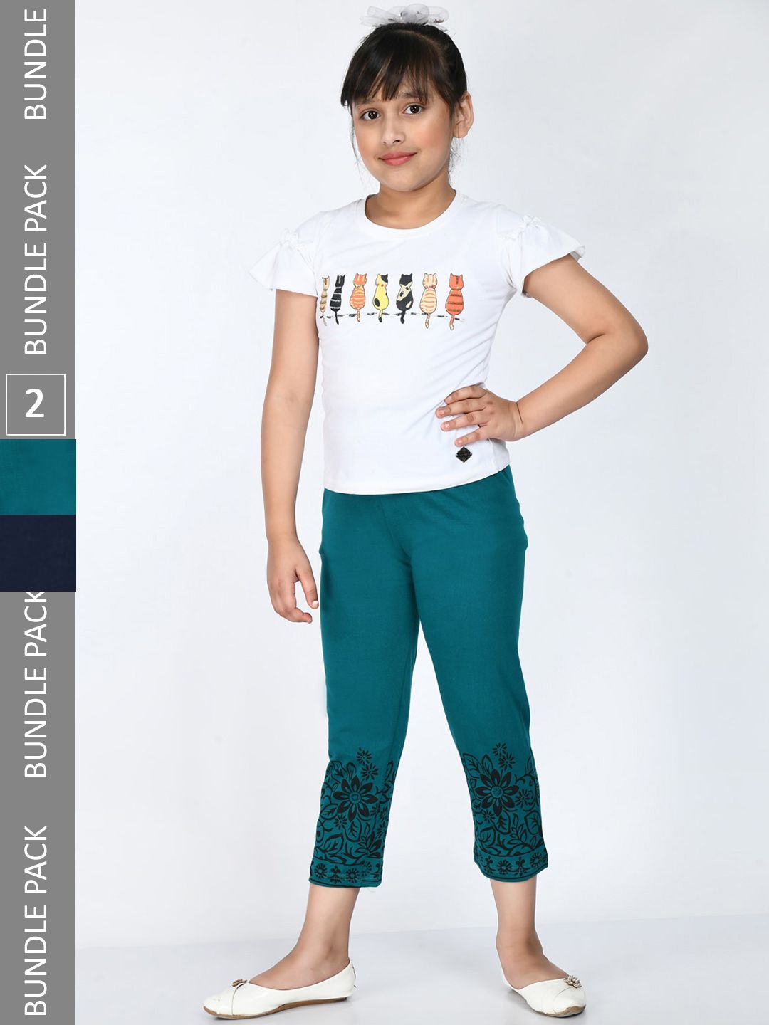 IndiWeaves Girls Pack Of 2 Printed Cropped Cotton Lounge Pants-picture-14