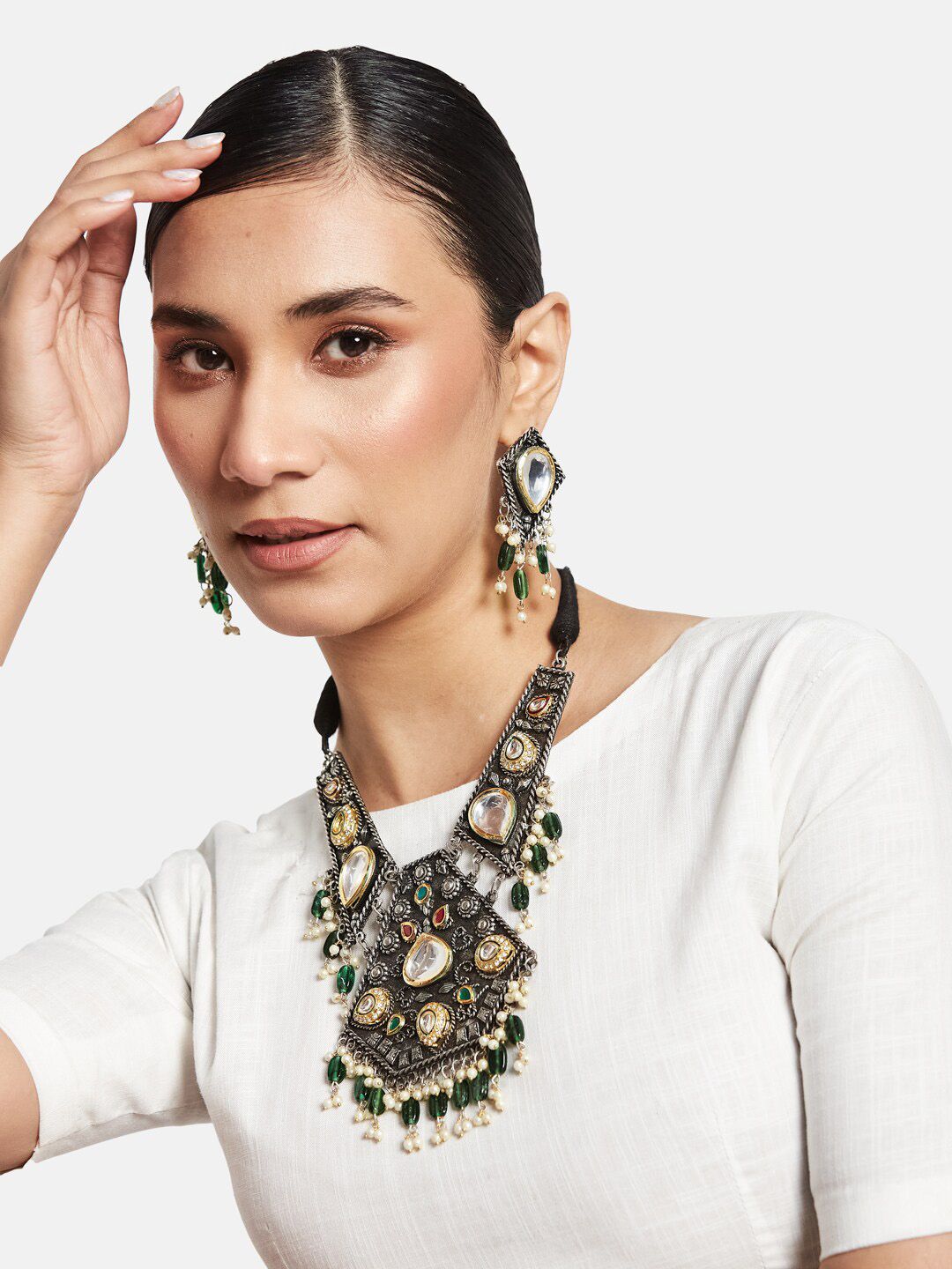 ATIBELLE German Silver-Plated Stone Studded Necklace With Earrings