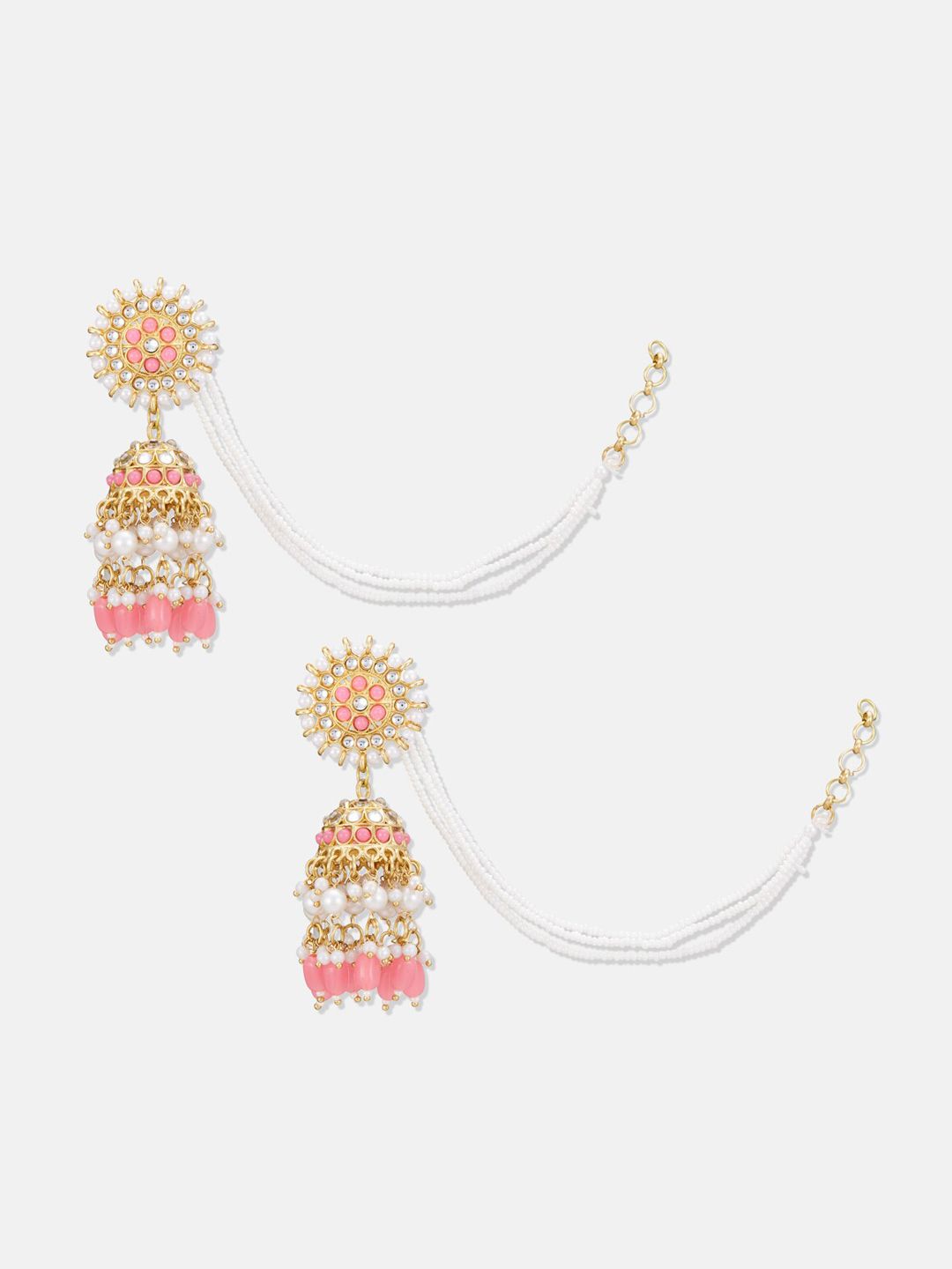 ATIBELLE Gold-Plated Pearl Stone-Studded Contemporary Chained Jhumkas
