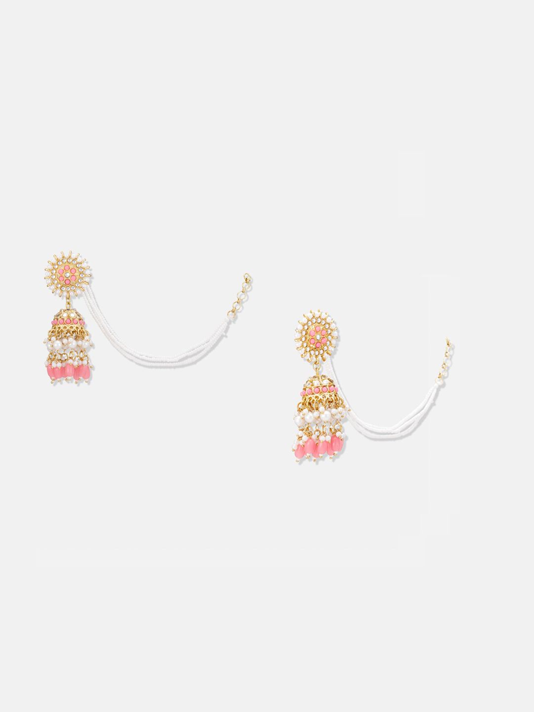 ATIBELLE Gold-Plated Pearl Stone-Studded Contemporary Chained Jhumkas