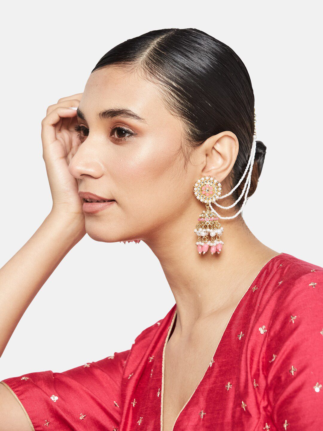 ATIBELLE Gold-Plated Pearl Stone-Studded Contemporary Chained Jhumkas