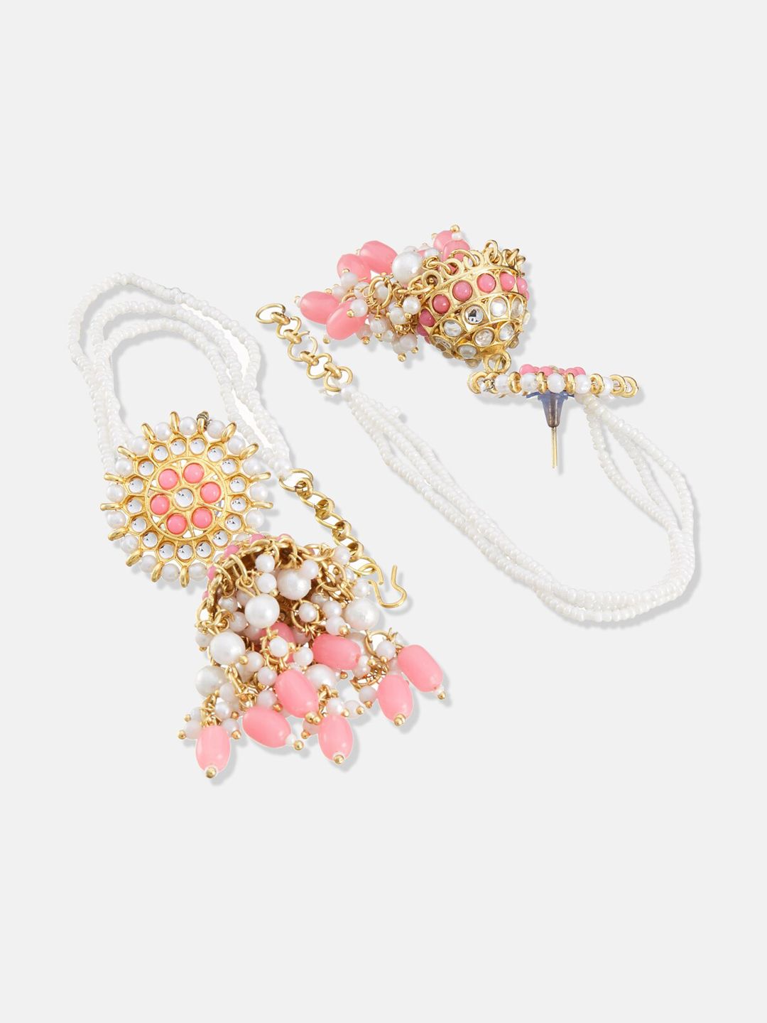 ATIBELLE Gold-Plated Pearl Stone-Studded Contemporary Chained Jhumkas