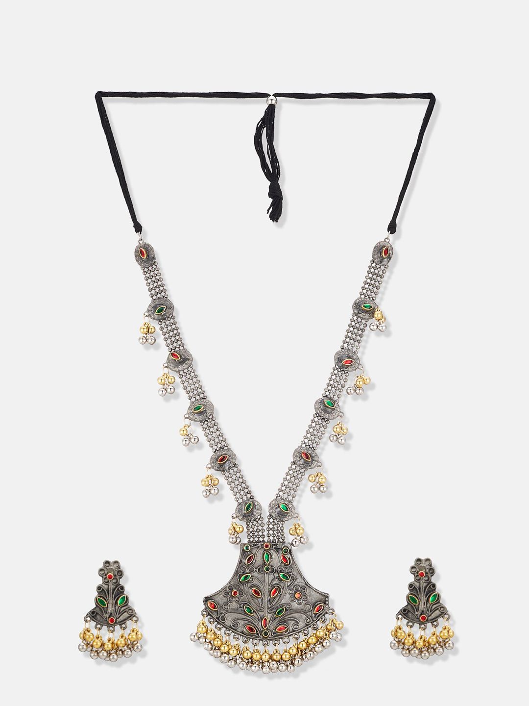 ATIBELLE German Silver-Plated Stone-Studded & Ghunghroo Beaded Jewellery Set