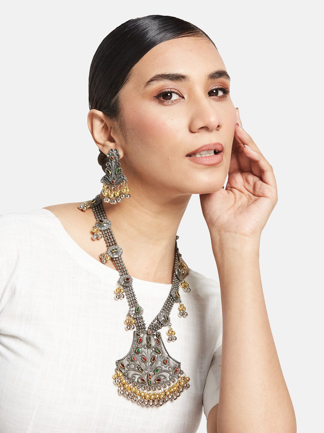 ATIBELLE German Silver-Plated Stone-Studded & Ghunghroo Beaded Jewellery Set