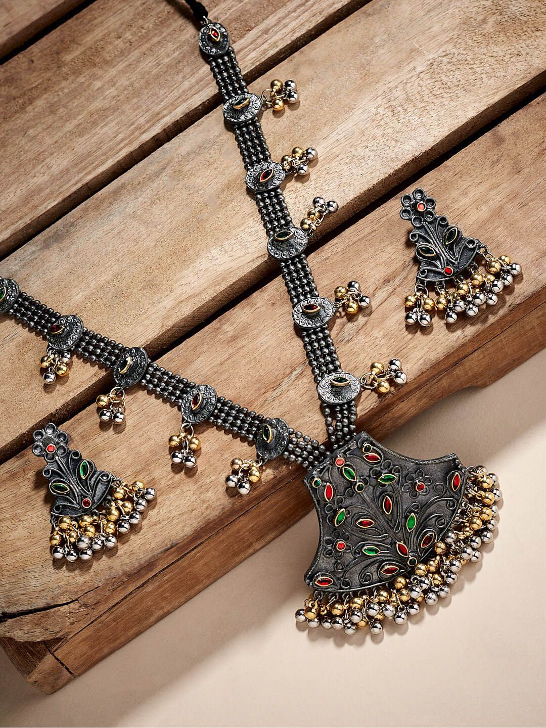 ATIBELLE German Silver-Plated Stone-Studded & Ghunghroo Beaded Jewellery Set