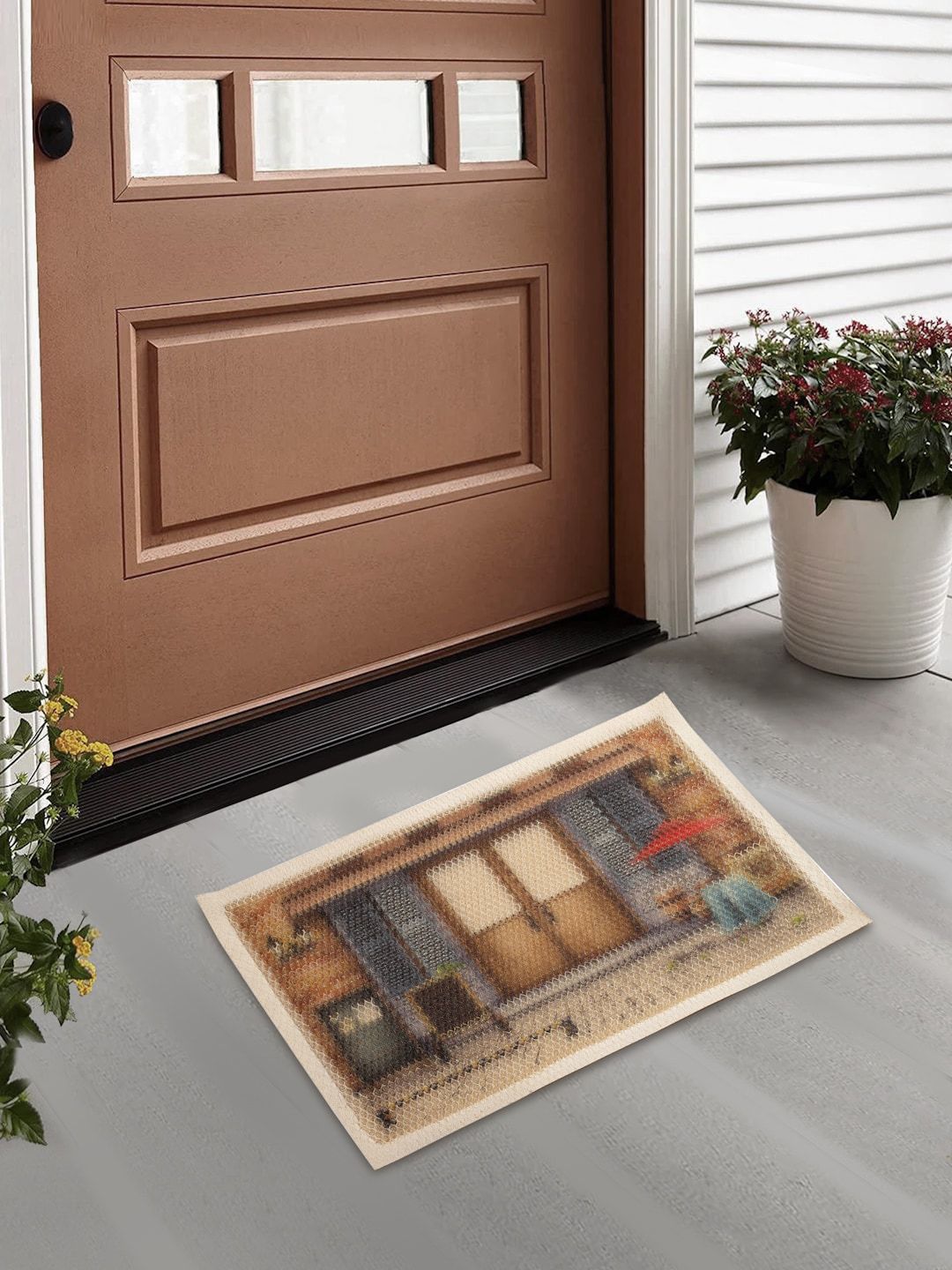FABINALIV Brown & Beige Printed Anti-Skid Rectangular Doormat-image-3