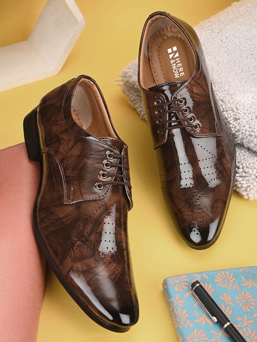 HERE&NOW Men Brown Textured Printed Formal Derbys-picture-30