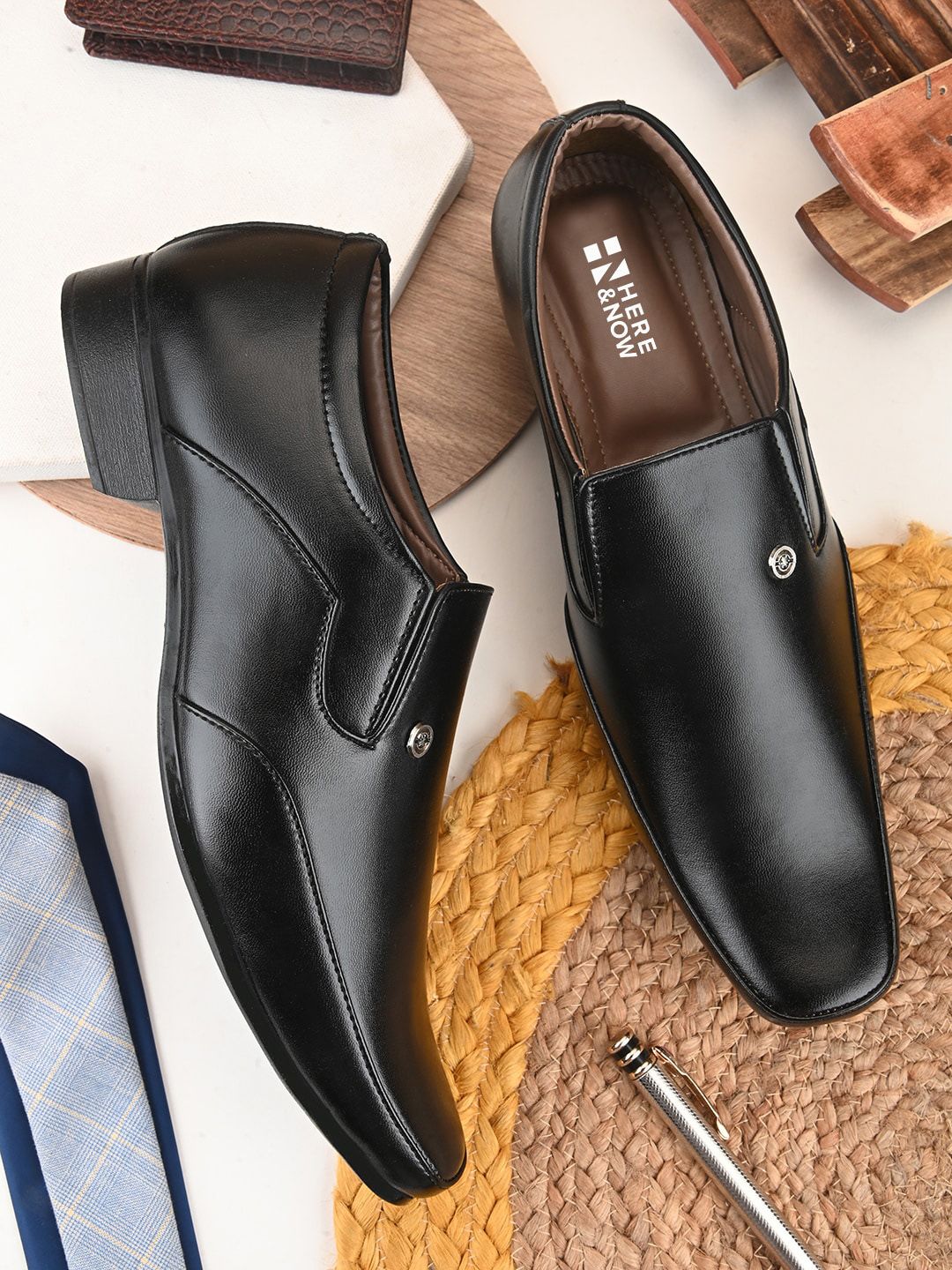 HERE&NOW Men Black Textured Formal Slip-On Shoes-image-40