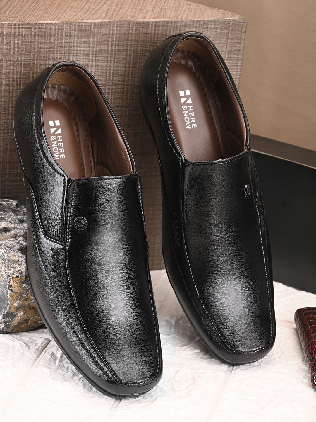 HERE&NOW Men Black Textured Formal Slip-On Shoes-image-42