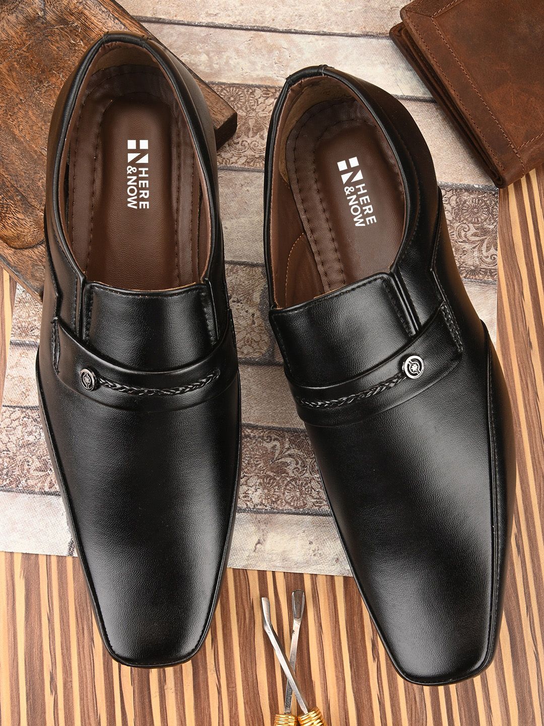 HERE&NOW Men Black Square Toe Formal Slip-On Shoes-picture-16