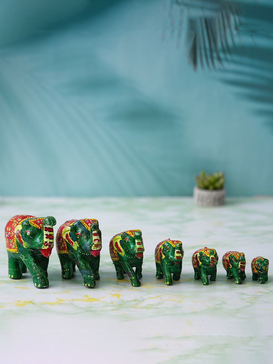 eCraftIndia Green 7 Pieces Elephant Statues Showpieces-image-33