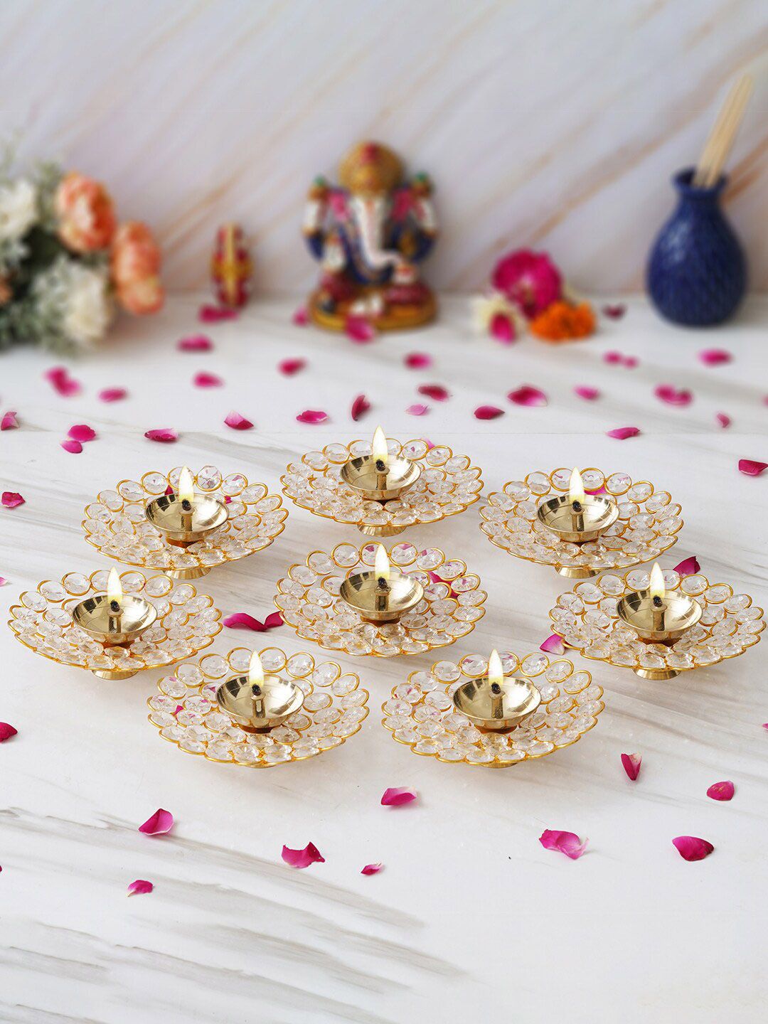 eCraftIndia Gold Toned 8 Pieces Bowl Shape Crystal Brass Diyas-picture-15